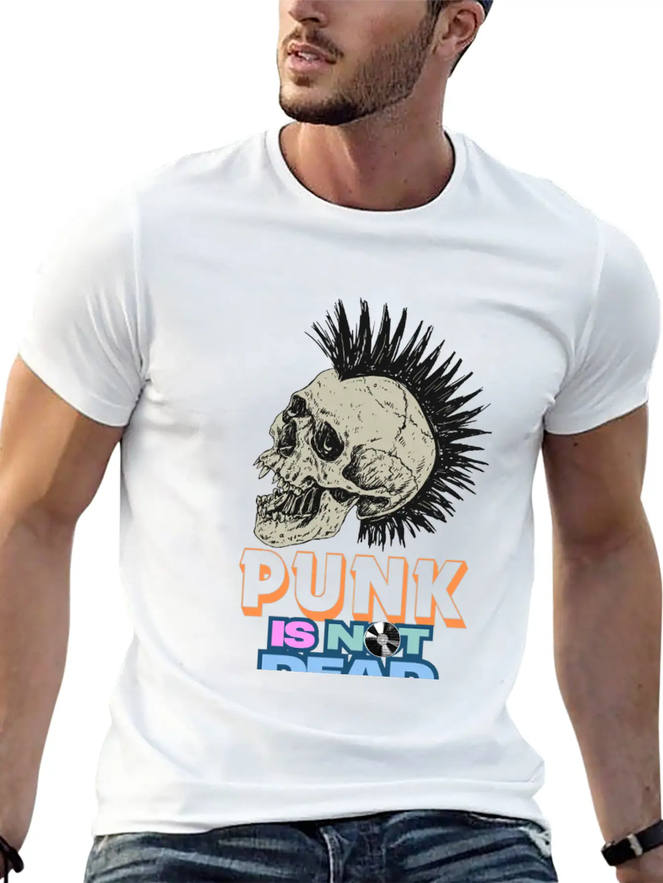 Punk Skull Mohawk Design – Punk Is Not Dead Casual Graphic T-Shirt – Simple And Comfortable Daily Wear