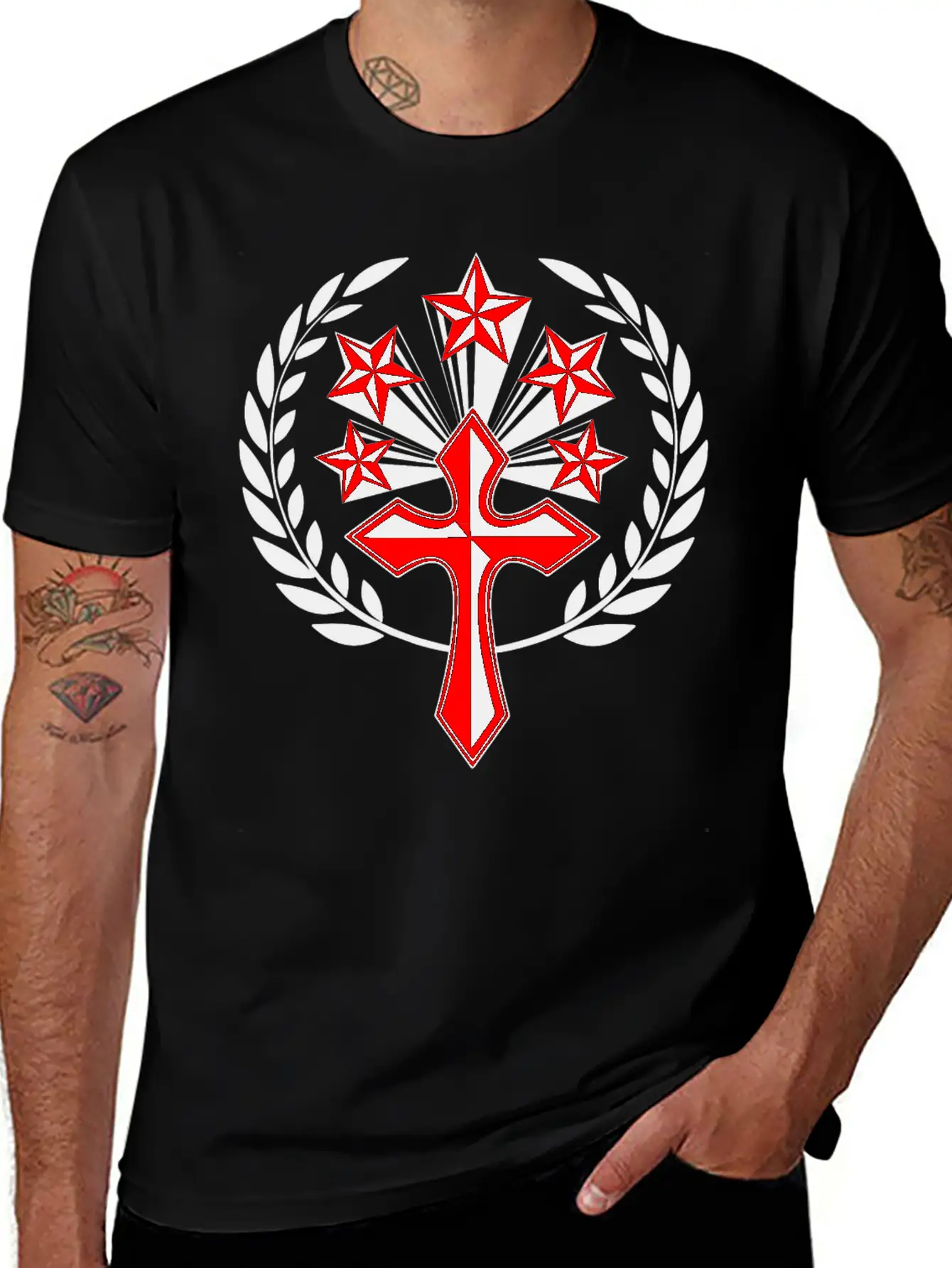 Red Cross With Five Stars In Laurel Wreath Unisex Cotton Tee – Relaxed Fit For Any Occasion