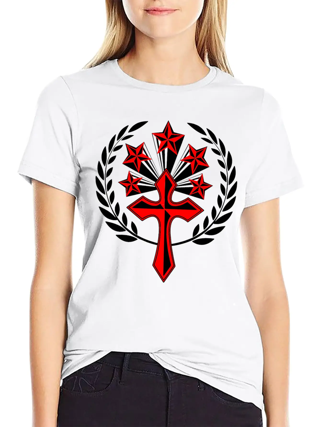Red Cross With Five Stars In Laurel Wreath Unisex Cotton Tee – Relaxed Fit For Any Occasion