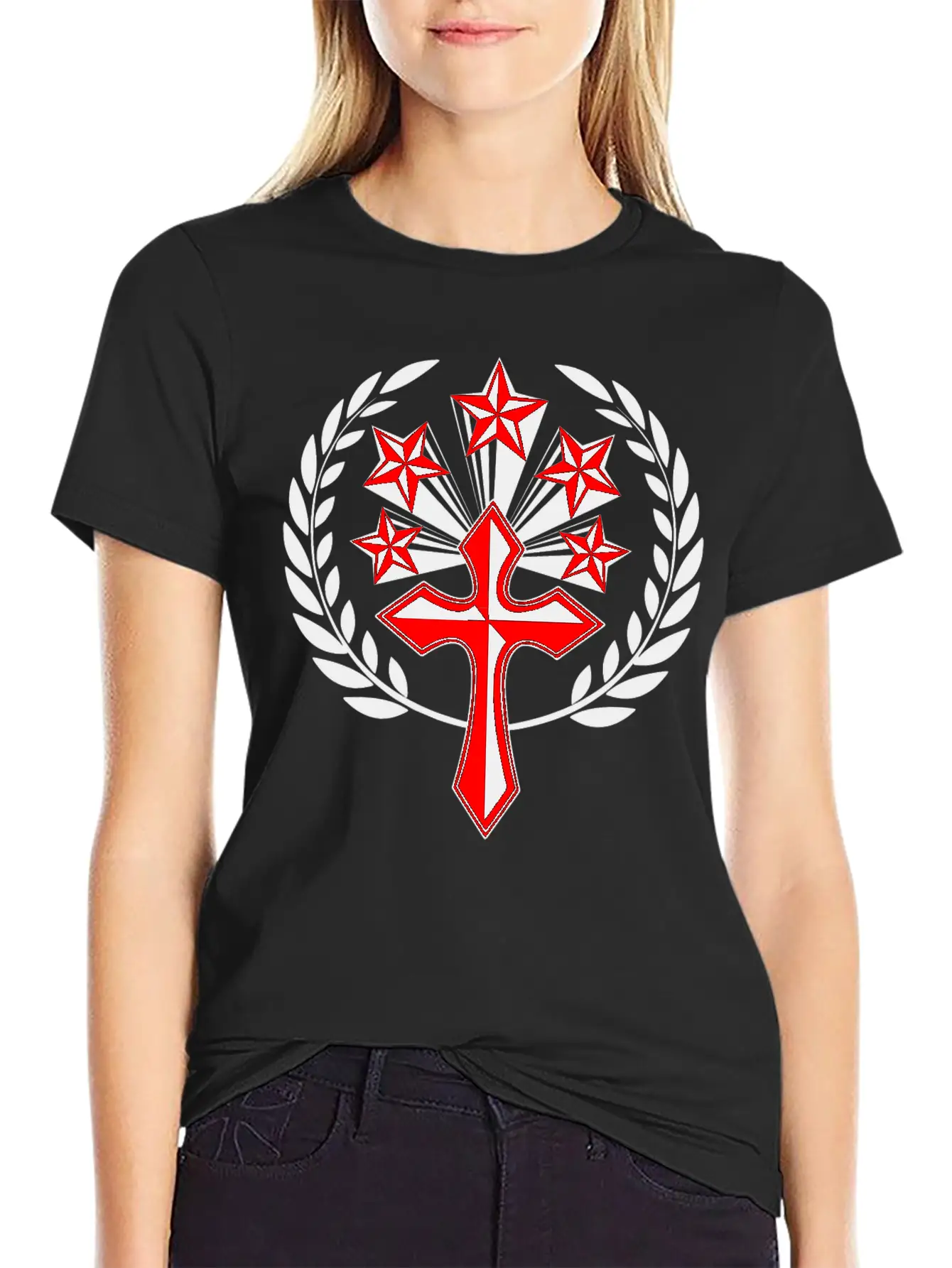 Red Cross With Five Stars In Laurel Wreath Unisex Cotton Tee – Relaxed Fit For Any Occasion