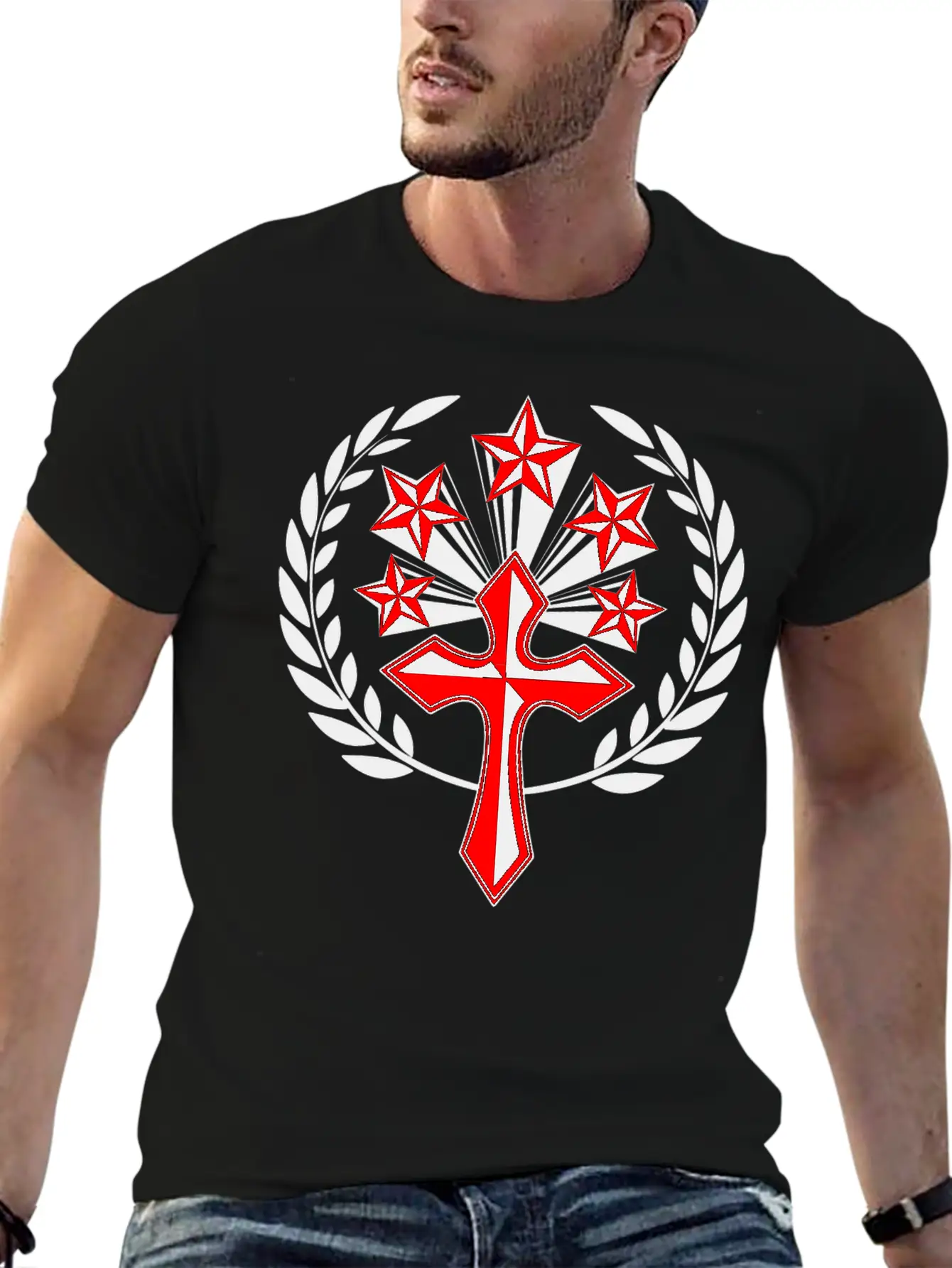 Red Cross With Five Stars In Laurel Wreath Unisex Cotton Tee – Relaxed Fit For Any Occasion