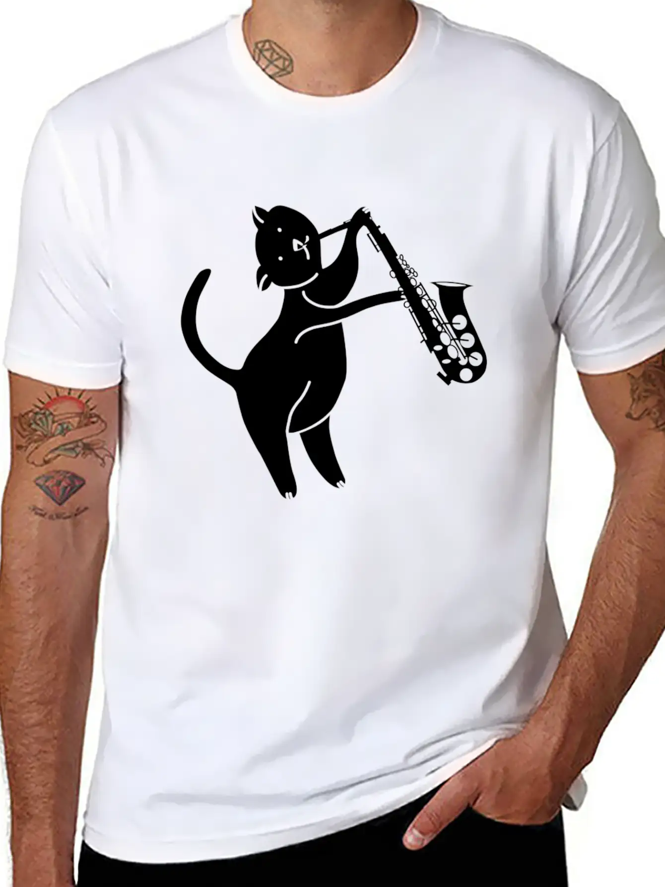 Saxophone - Cat Playing Saxophone Classic Cotton Tee – Unisex Comfort For Any Season