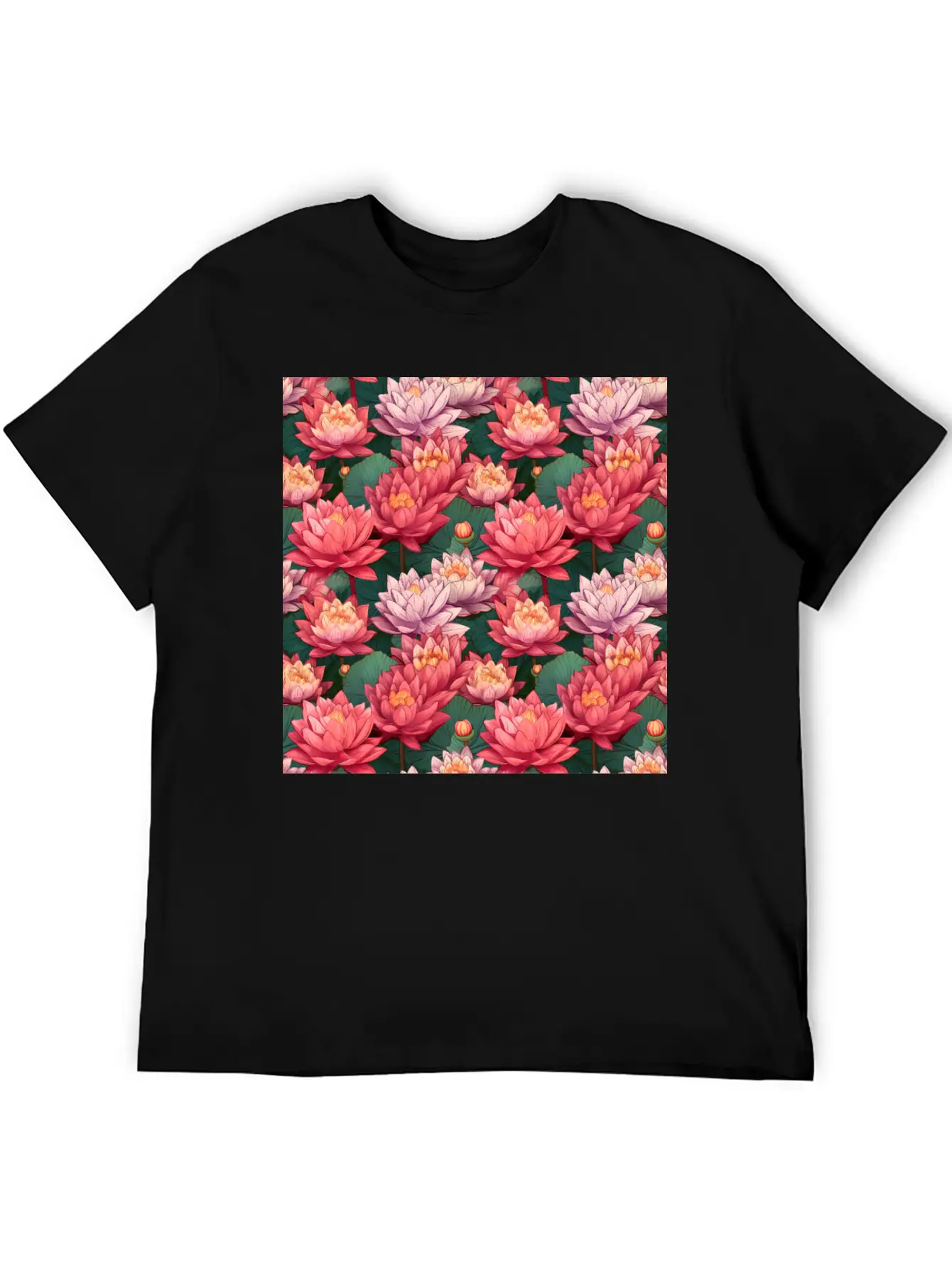 Serenity Blooms: Timeless Lotus Flower Pattern Classic Crew Neck Graphic Tee – Everyday Minimal Look