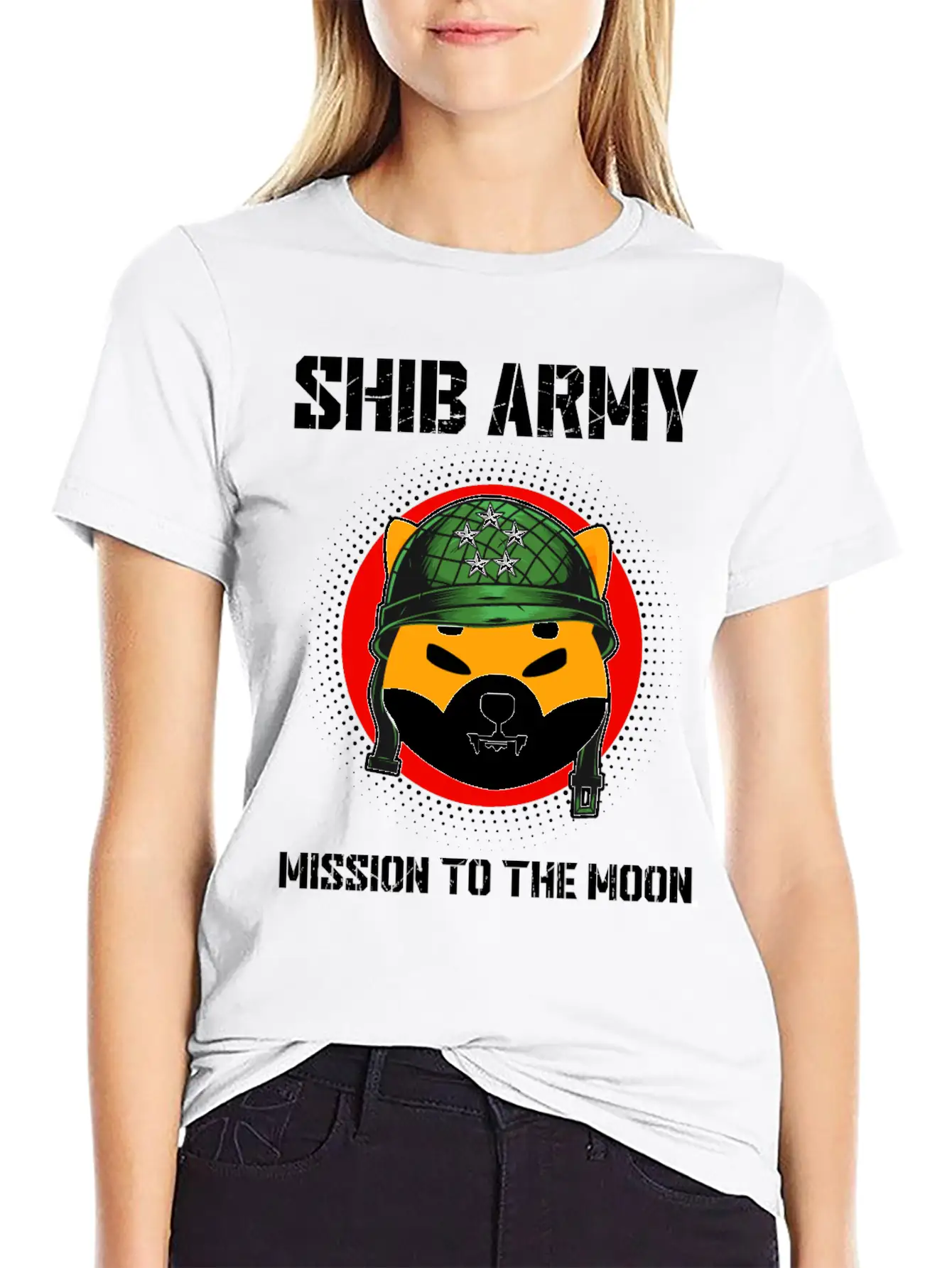 Shib Army Mission To The Moon Shiba Inu Coin Token Stylish Everyday T-Shirt – Unisex Basic Cotton Tee