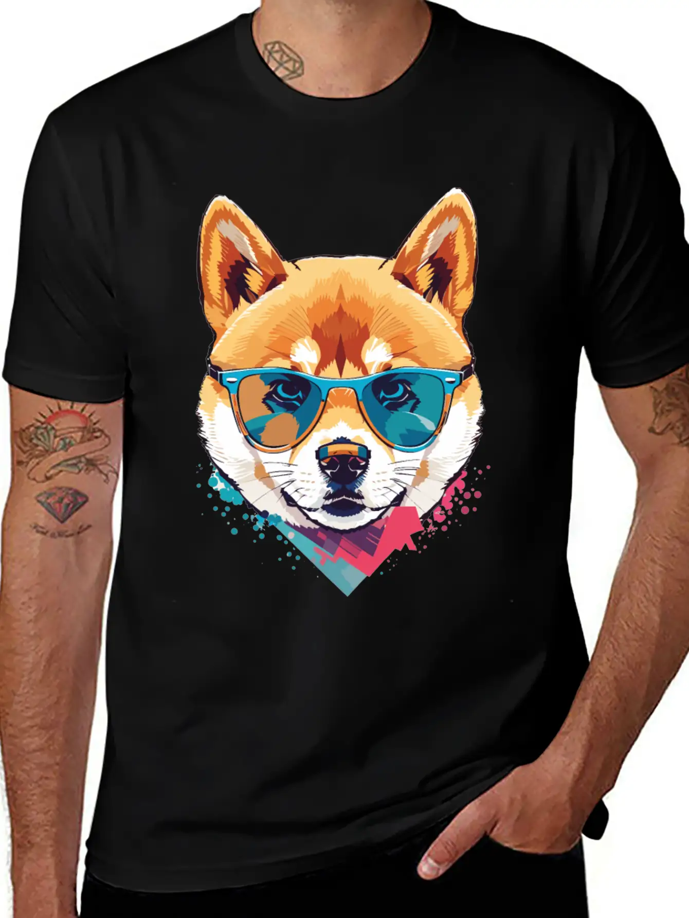 Shiba Inu Dog With Sunglasses Colored Graphic Basic Graphic T-Shirt – Daily Comfort In Soft Cotton