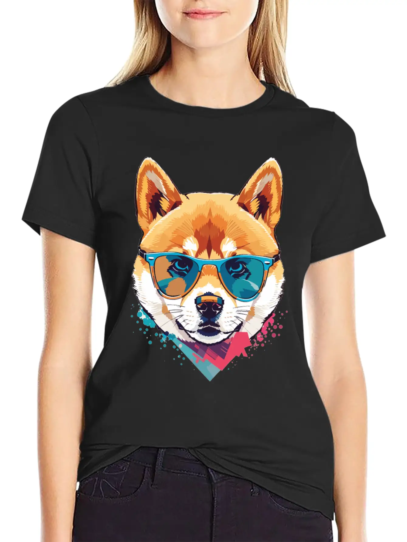 Shiba Inu Dog With Sunglasses Colored Graphic Basic Graphic T-Shirt – Daily Comfort In Soft Cotton