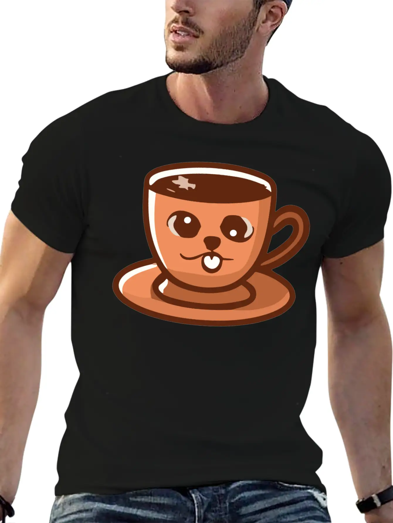 Silly Cat Face Coffee Cup Doodle Stylish Everyday T-Shirt – Unisex Basic Cotton Tee