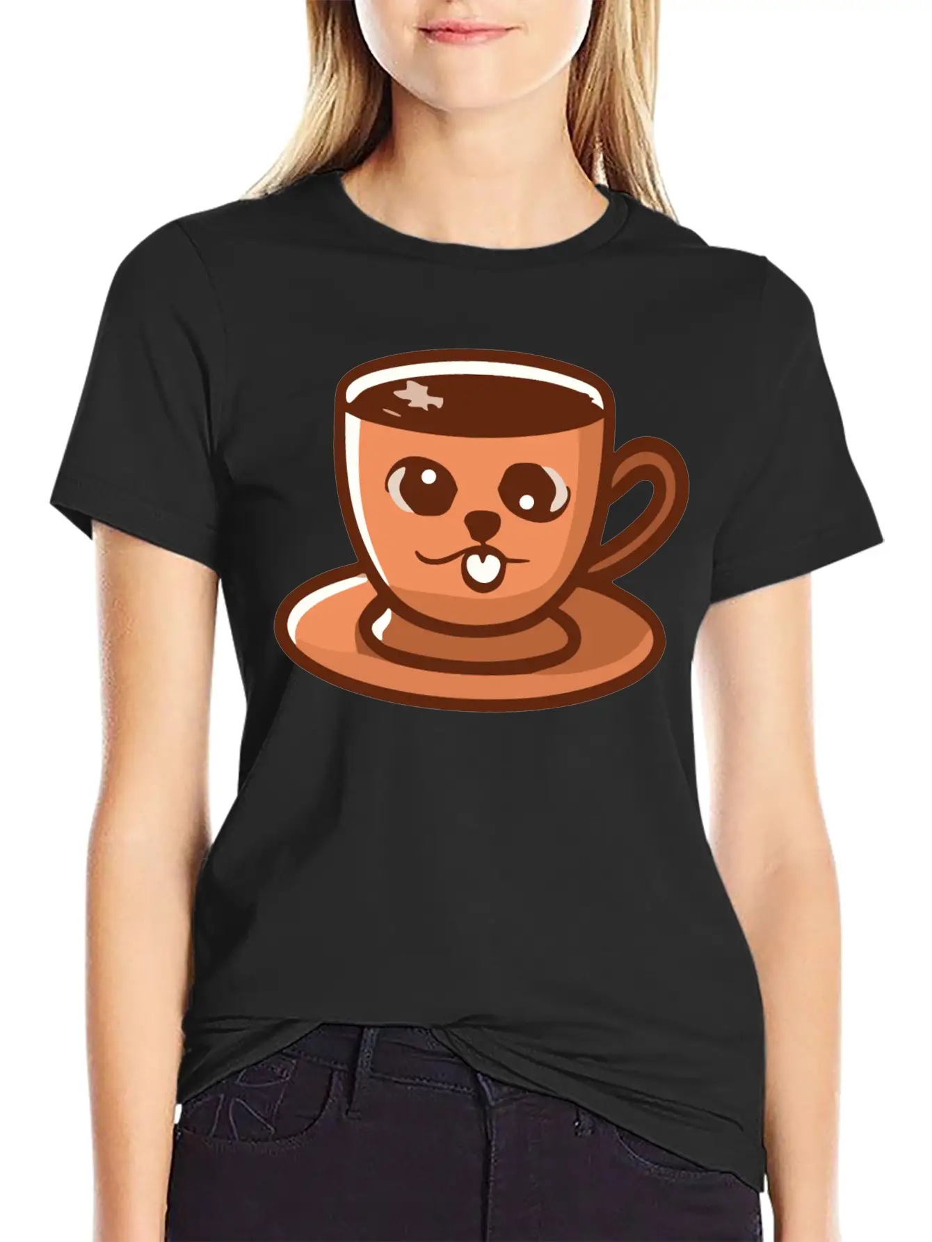 Silly Cat Face Coffee Cup Doodle Stylish Everyday T-Shirt – Unisex Basic Cotton Tee