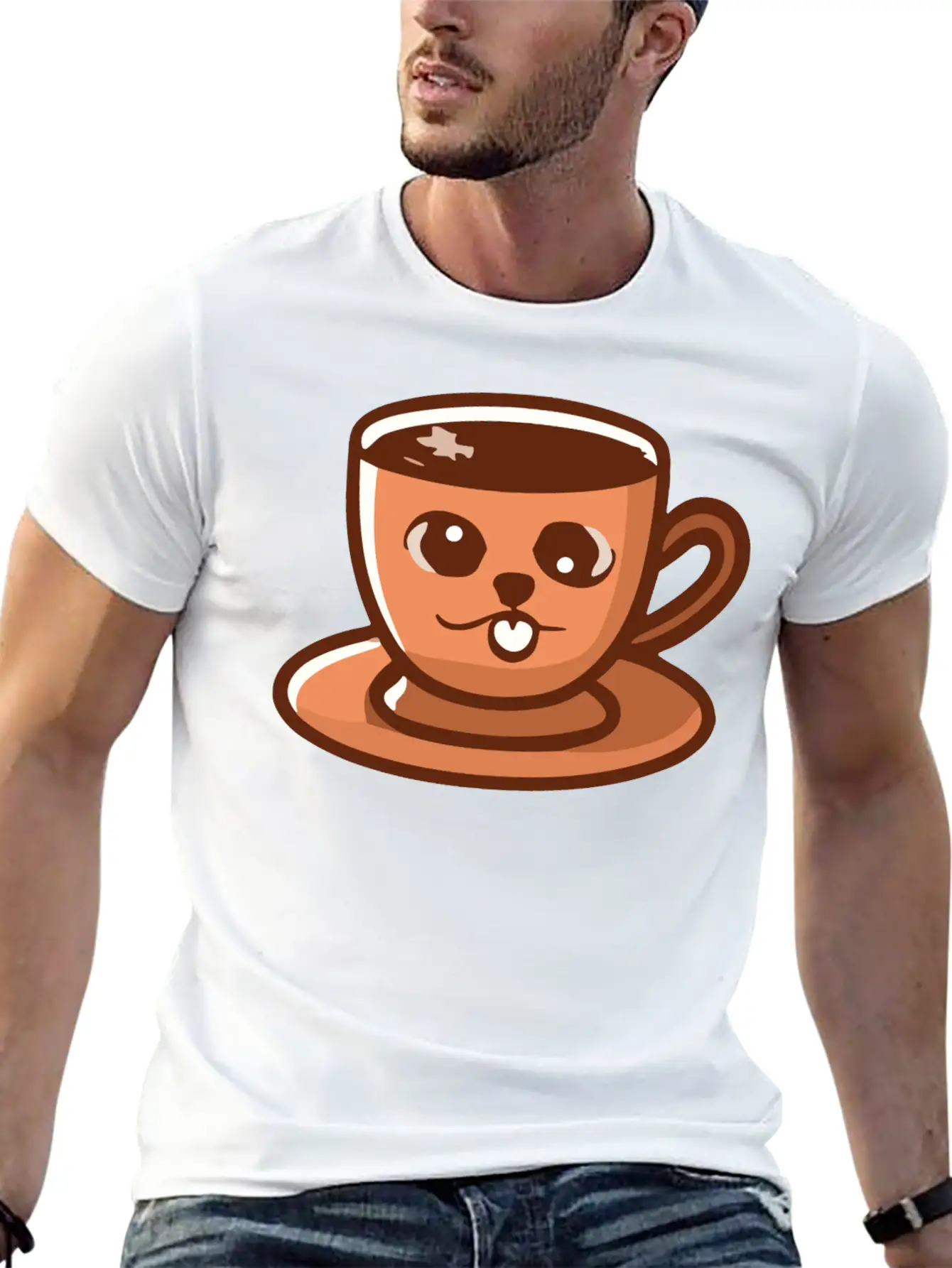 Silly Cat Face Coffee Cup Doodle Stylish Everyday T-Shirt – Unisex Basic Cotton Tee