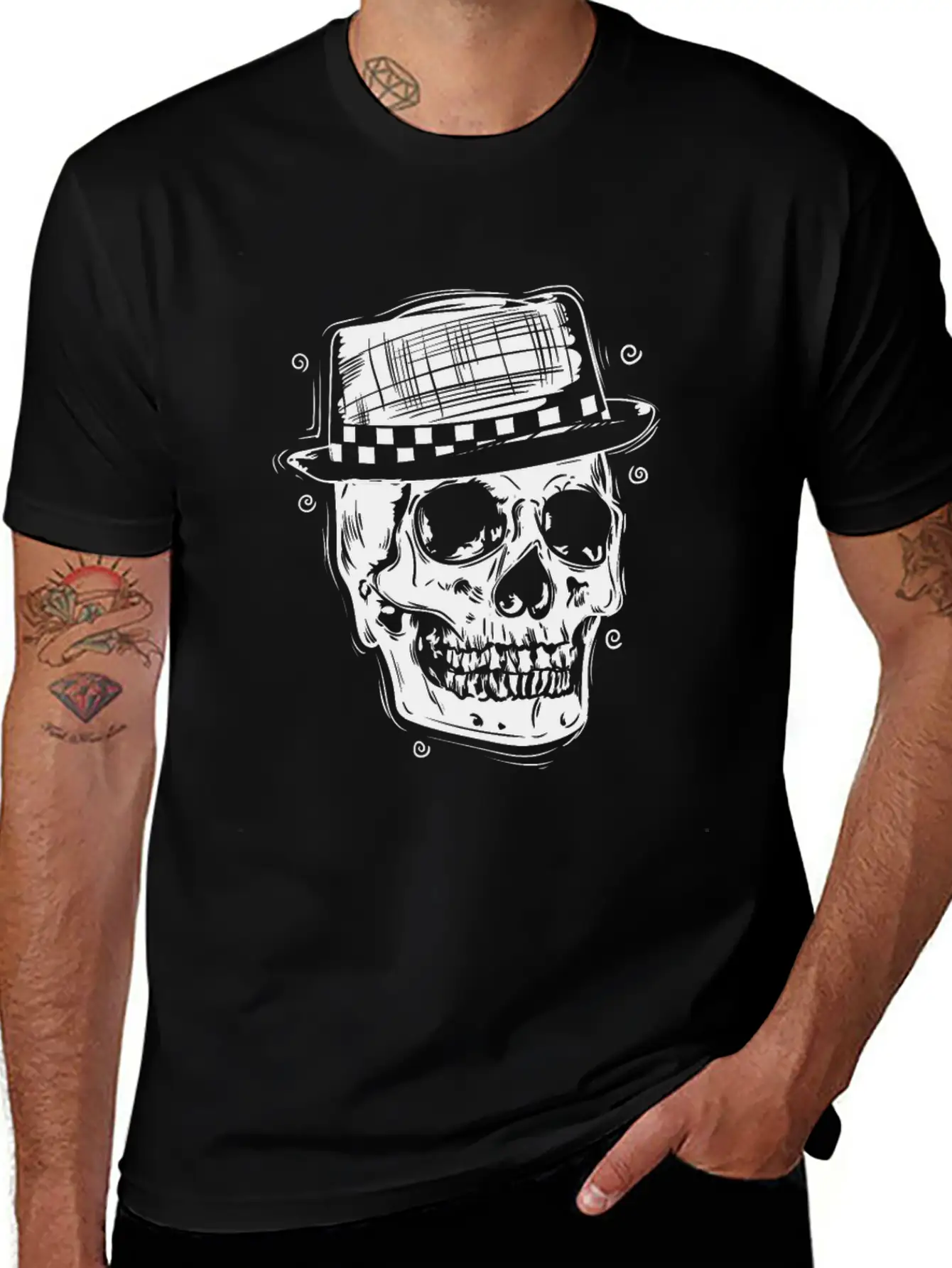 Ska Skull With Hat Jazz Music Style Stylish Everyday T-Shirt – Unisex Basic Cotton Tee