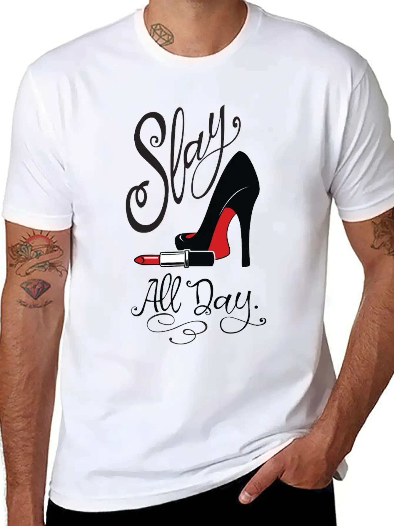 Slay All Day Red Lipstick & High Heels Graphic For Basic Graphic T-Shirt – Daily Comfort In Soft Cotton