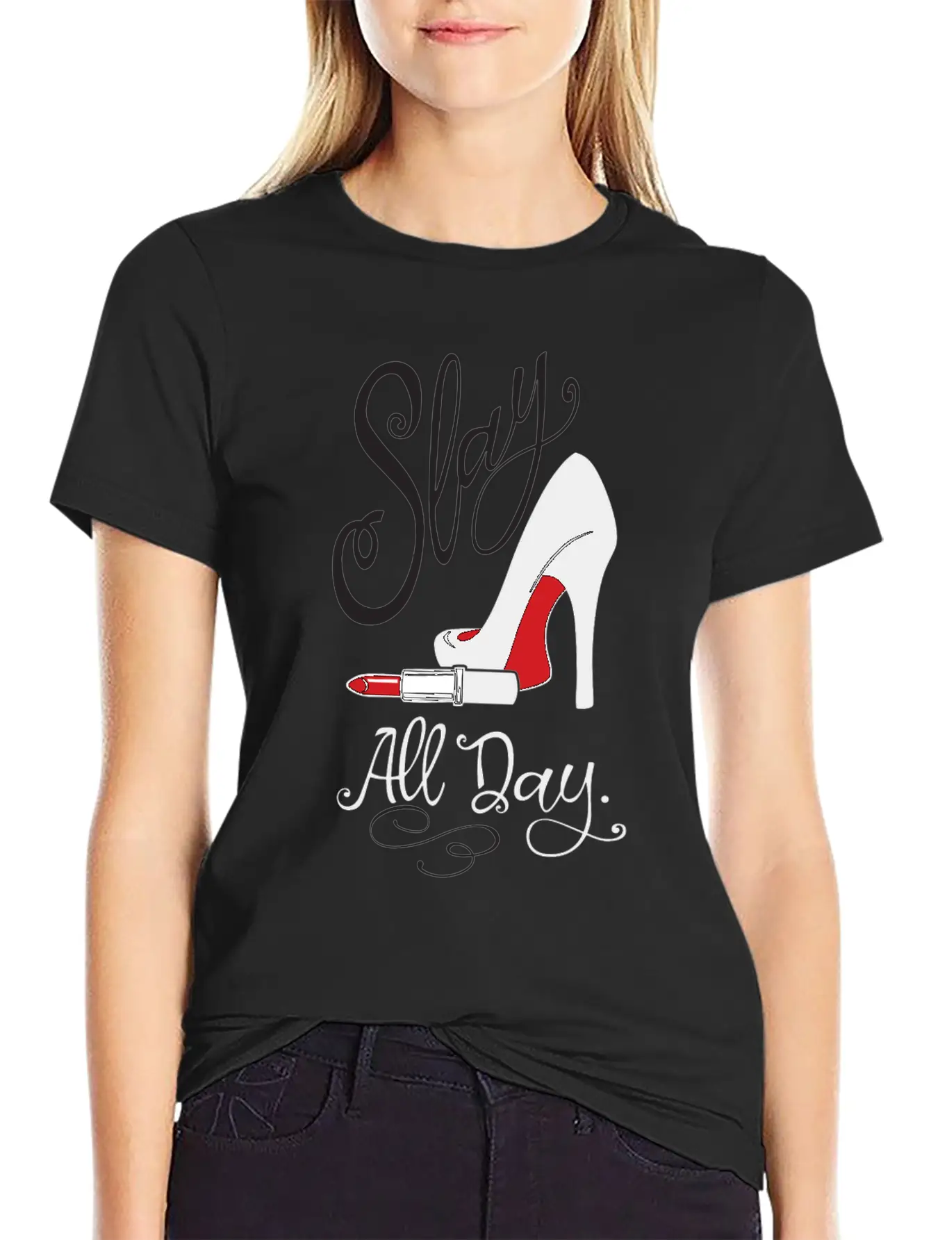 Slay All Day Red Lipstick & High Heels Graphic For Basic Graphic T-Shirt – Daily Comfort In Soft Cotton