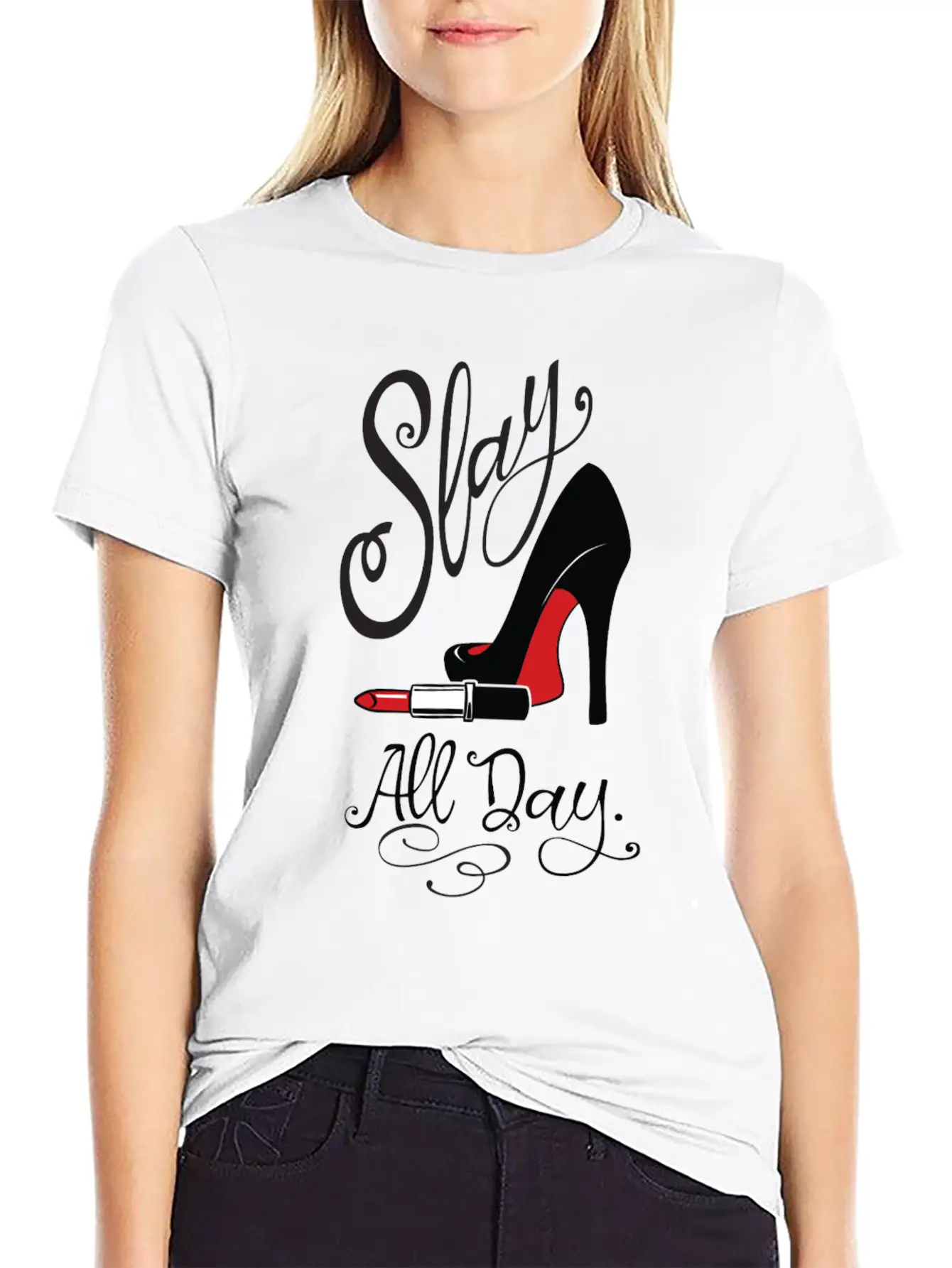 Slay All Day Red Lipstick & High Heels Graphic For Basic Graphic T-Shirt – Daily Comfort In Soft Cotton
