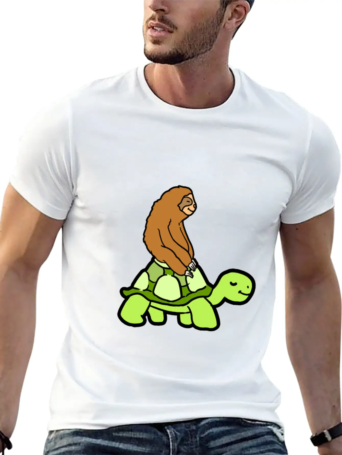 Sloth Riding Turtle Stylish Everyday T-Shirt – Unisex Basic Cotton Tee