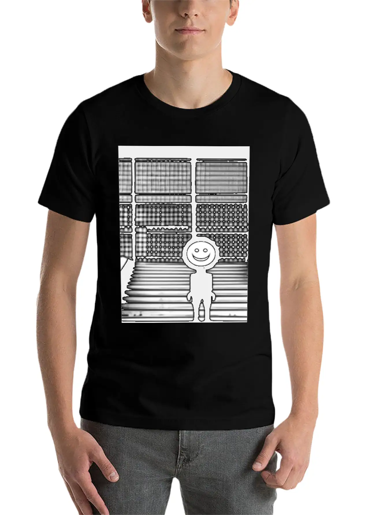 Smiley Face In Hoodie Standing On The Steps Street Stylish Everyday T-Shirt – Unisex Basic Cotton Tee