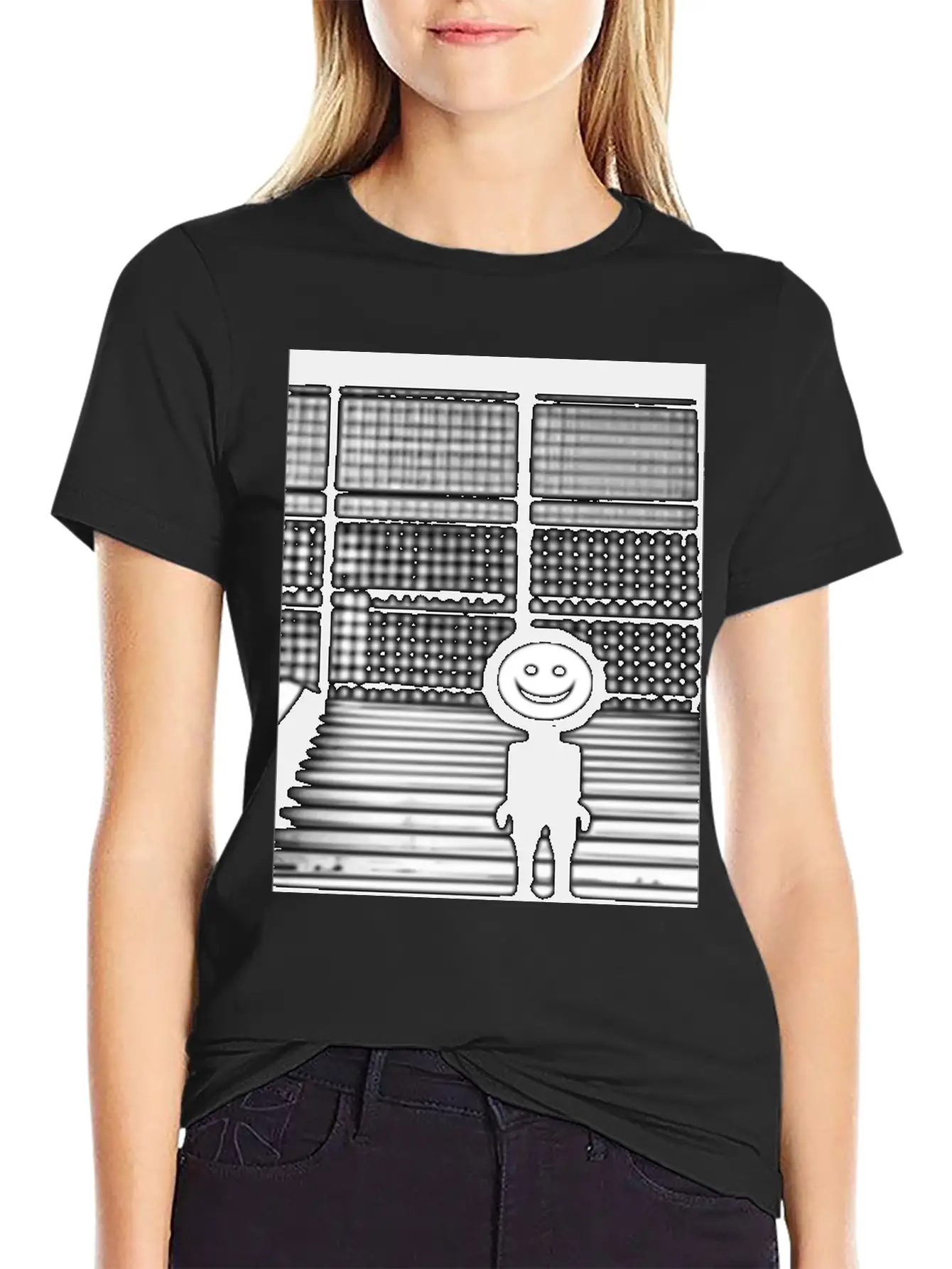 Smiley Face In Hoodie Standing On The Steps Street Stylish Everyday T-Shirt – Unisex Basic Cotton Tee