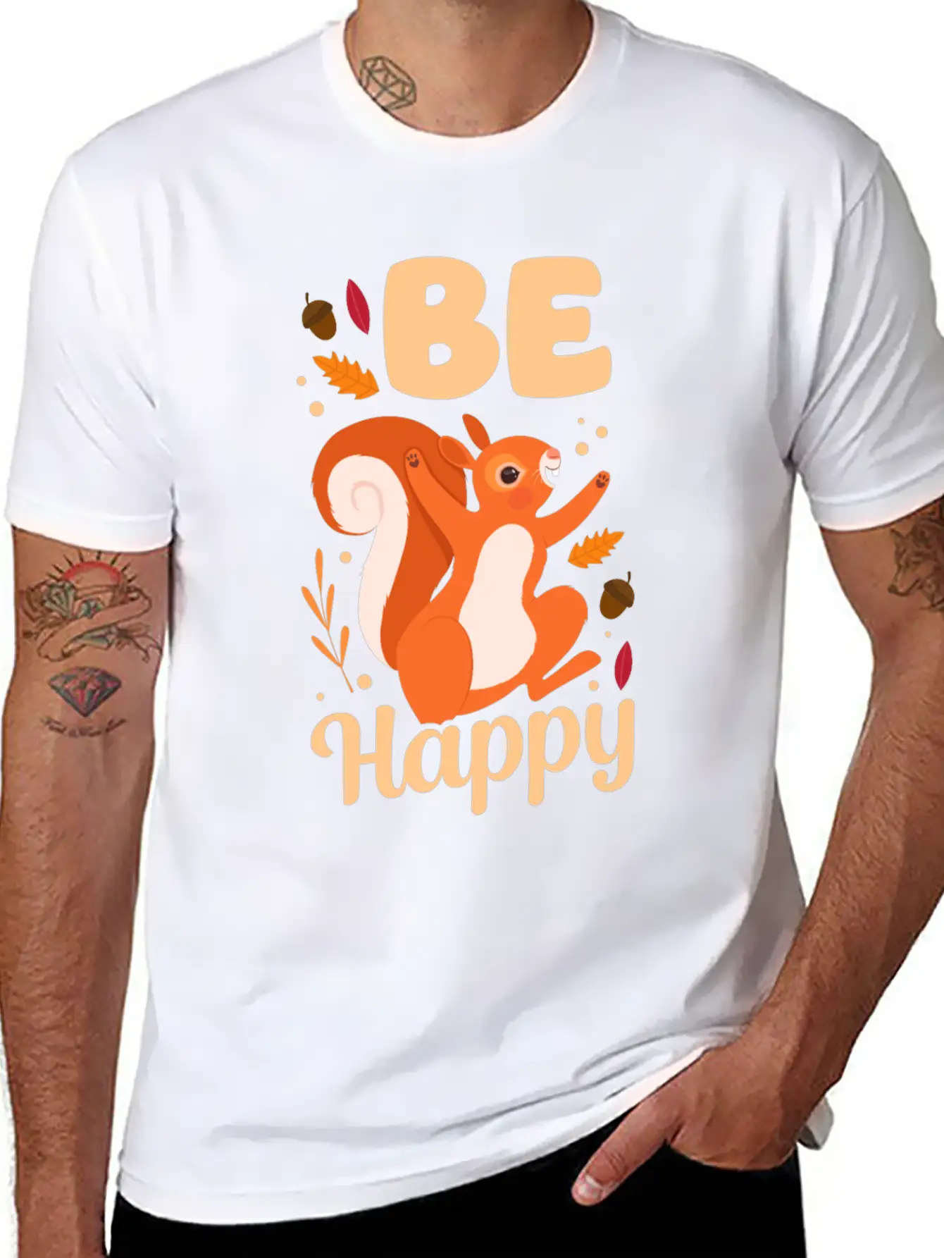 Squirrel Acorn Be Happy Basic Graphic T-Shirt – Daily Comfort In Soft Cotton