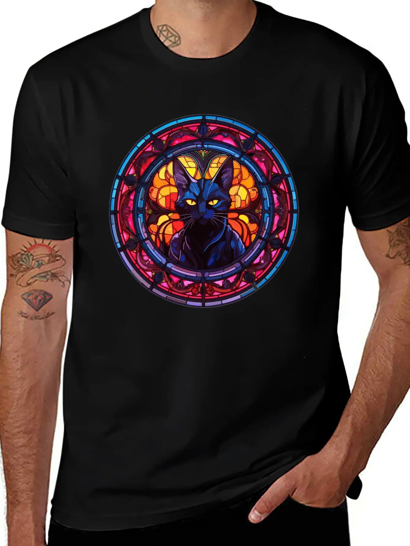 Stained Glass Design - Cat In Stained Glass Patte Stylish Everyday T-Shirt – Unisex Basic Cotton Tee