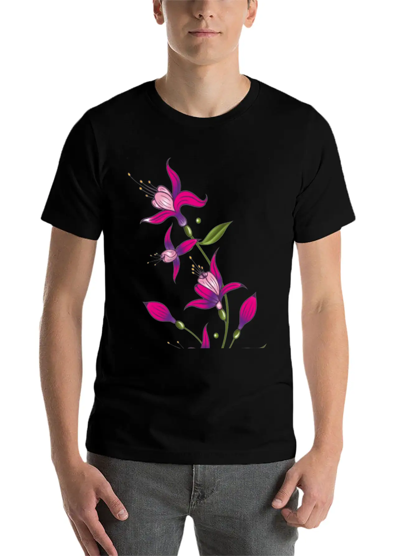 Summer Flowers, Fuchsias. Purple, Pink. Basic Graphic T-Shirt – Daily Comfort In Soft Cotton