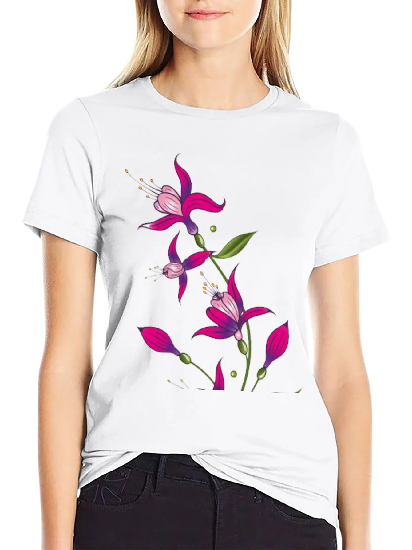 Summer Flowers, Fuchsias. Purple, Pink. Basic Graphic T-Shirt – Daily Comfort In Soft Cotton