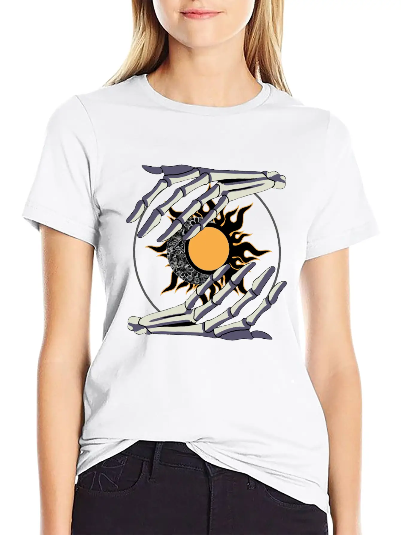 Sun And Moon In Skeleton Hands #2 Stylish Everyday T-Shirt – Unisex Basic Cotton Tee