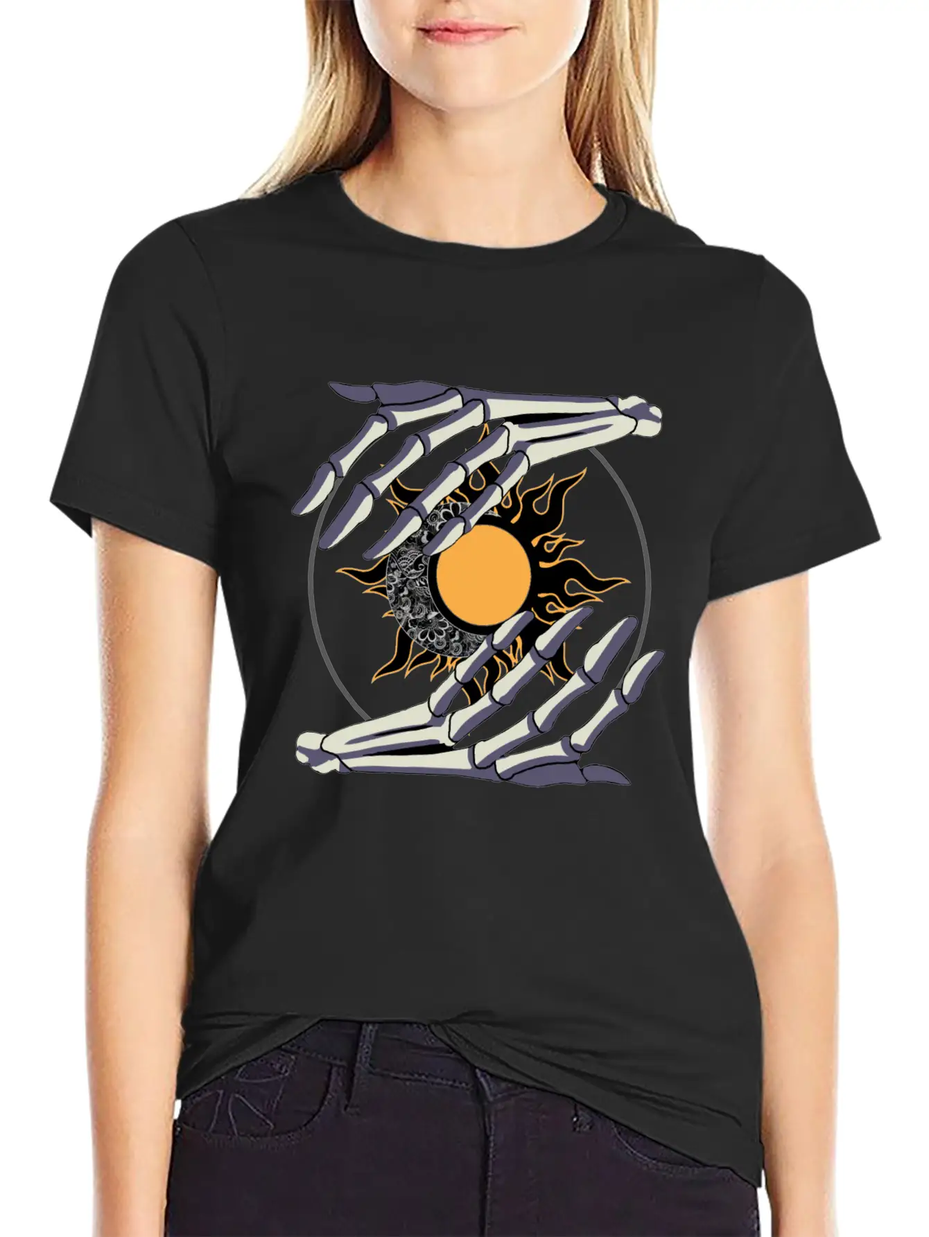 Sun And Moon In Skeleton Hands #2 Stylish Everyday T-Shirt – Unisex Basic Cotton Tee