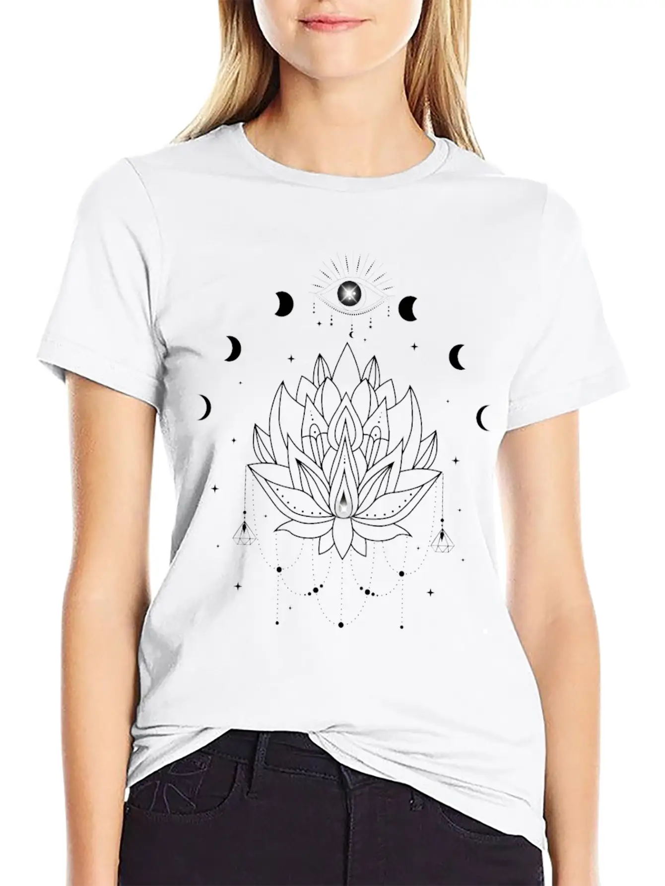 Third Eye Black Lotus Flower - Moon Cycle Design Basic Graphic T-Shirt – Daily Comfort In Soft Cotton