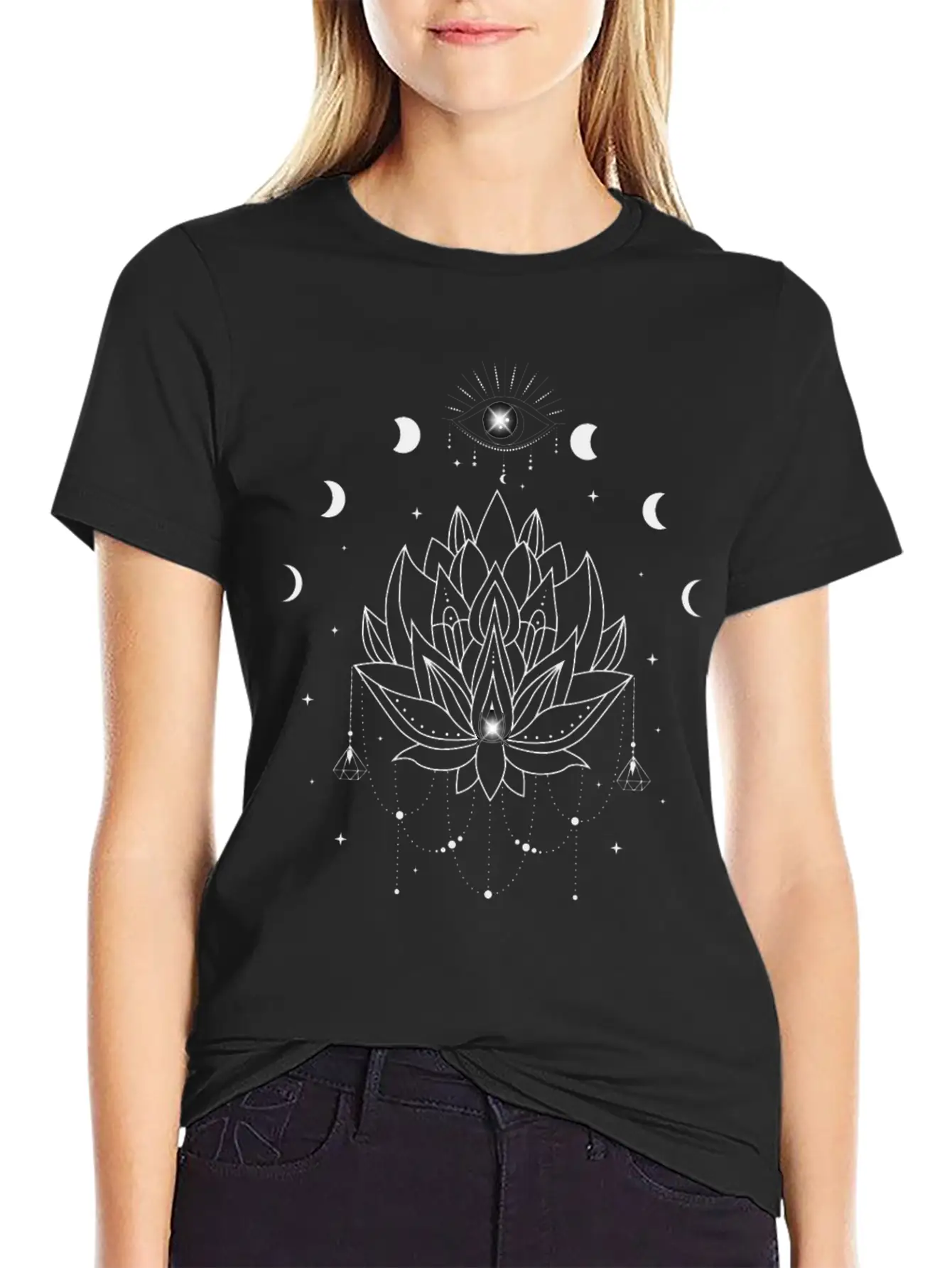 Third Eye Black Lotus Flower - Moon Cycle Design Basic Graphic T-Shirt – Daily Comfort In Soft Cotton