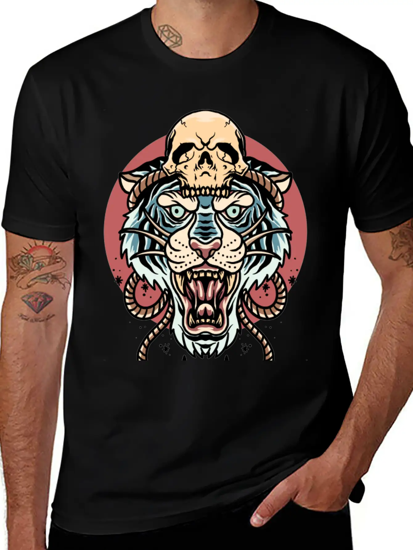 Tiger And Skull Tattoo Design Basic Graphic T-Shirt – Daily Comfort In Soft Cotton