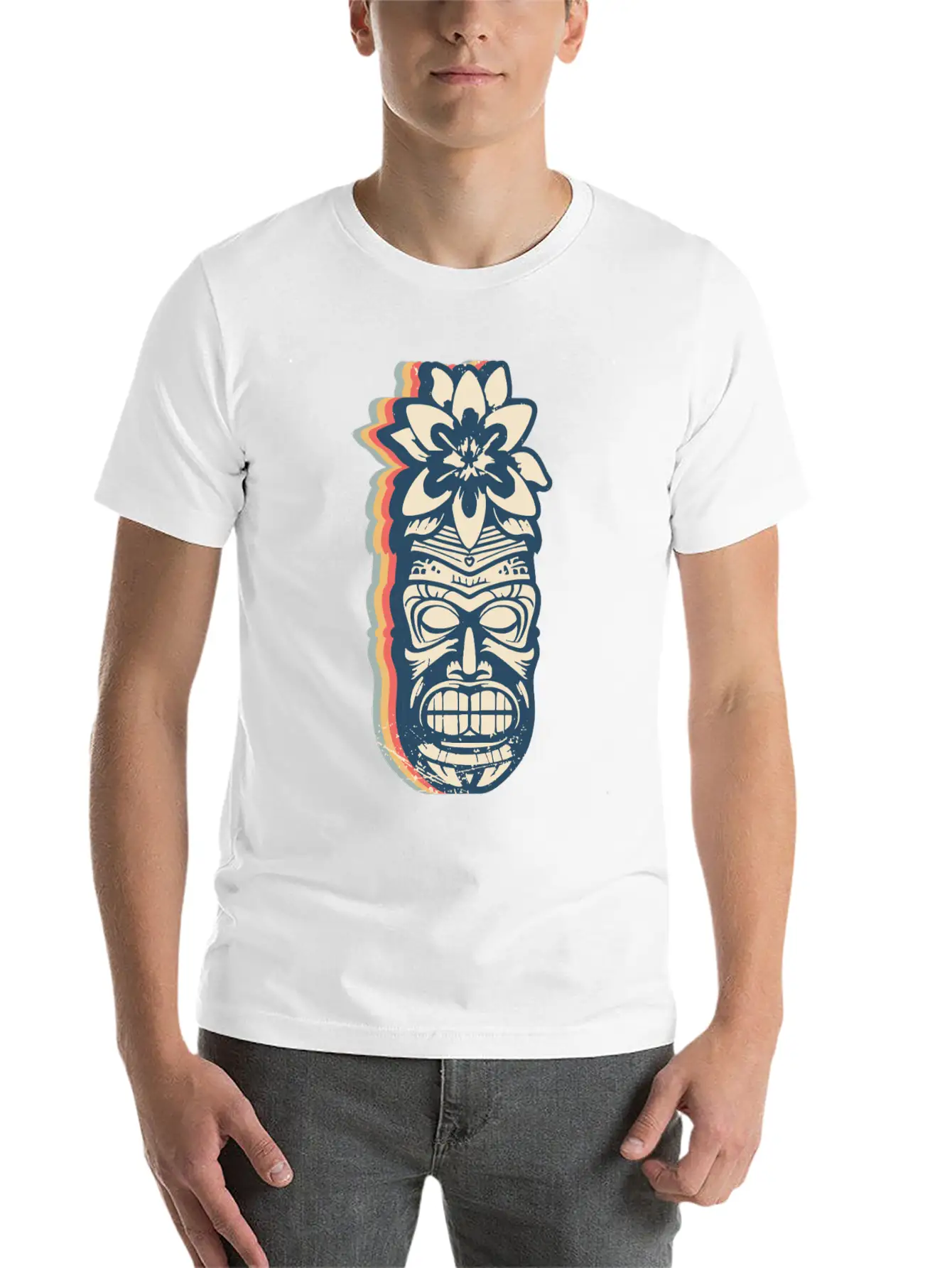 Tiki Luau Hawaiian Hawaii Tiki Mask Retro Line Art Basic Graphic T-Shirt – Daily Comfort In Soft Cotton