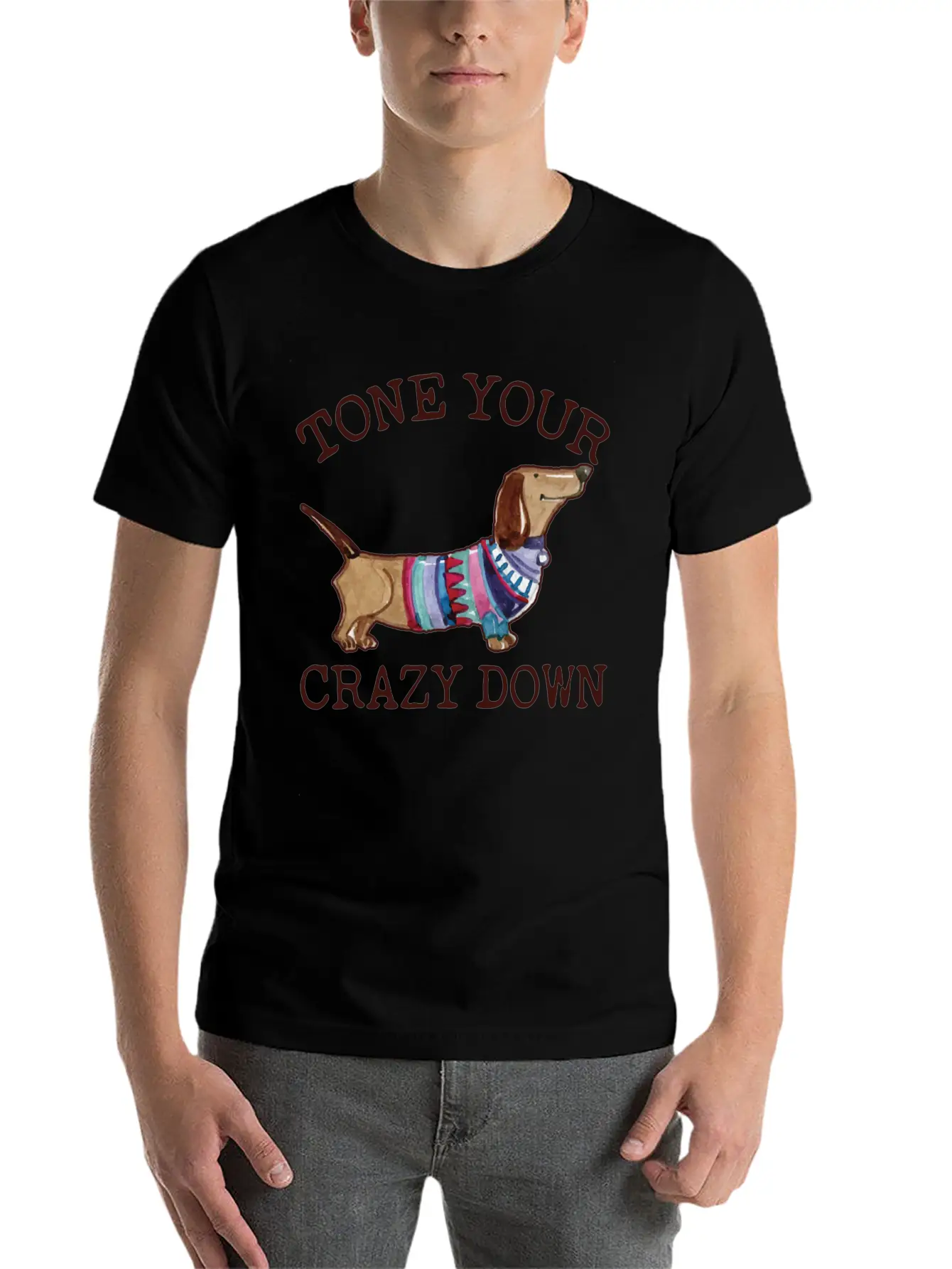 Tone Your Crazy Down Funny Dachshund Lover Stylish Everyday T-Shirt – Unisex Basic Cotton Tee
