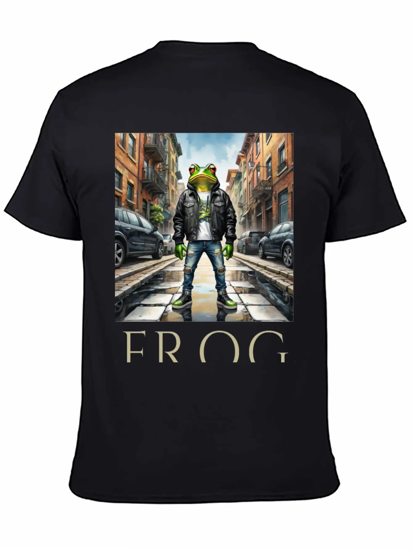 Urban Frog In Black Leather Jacket Classic Cotton Tee – Unisex Comfort For Any Season
