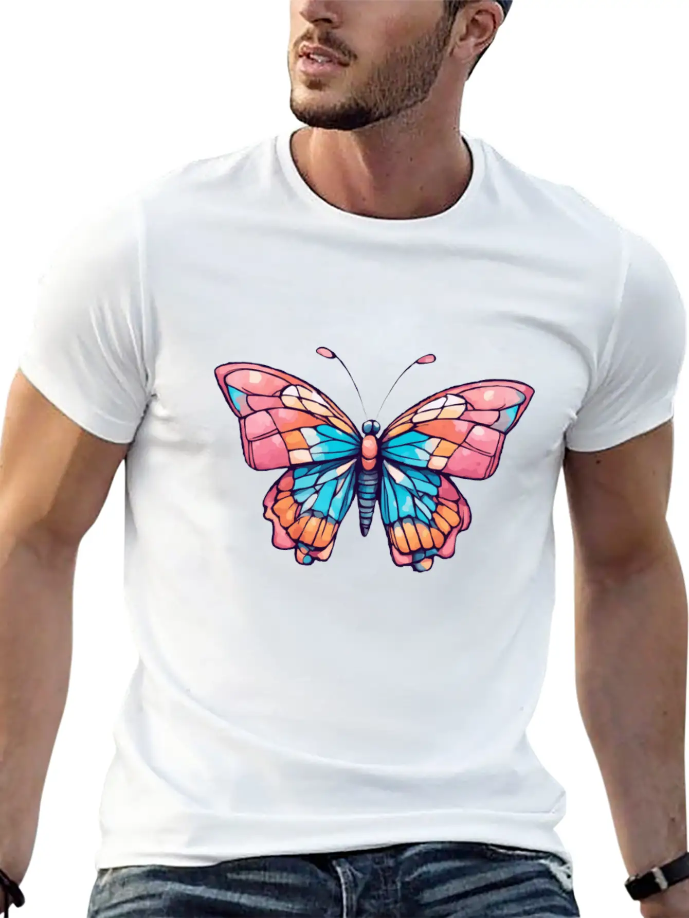 Vibrant Butterfly Mosaic Basic Graphic T-Shirt – Daily Comfort In Soft Cotton