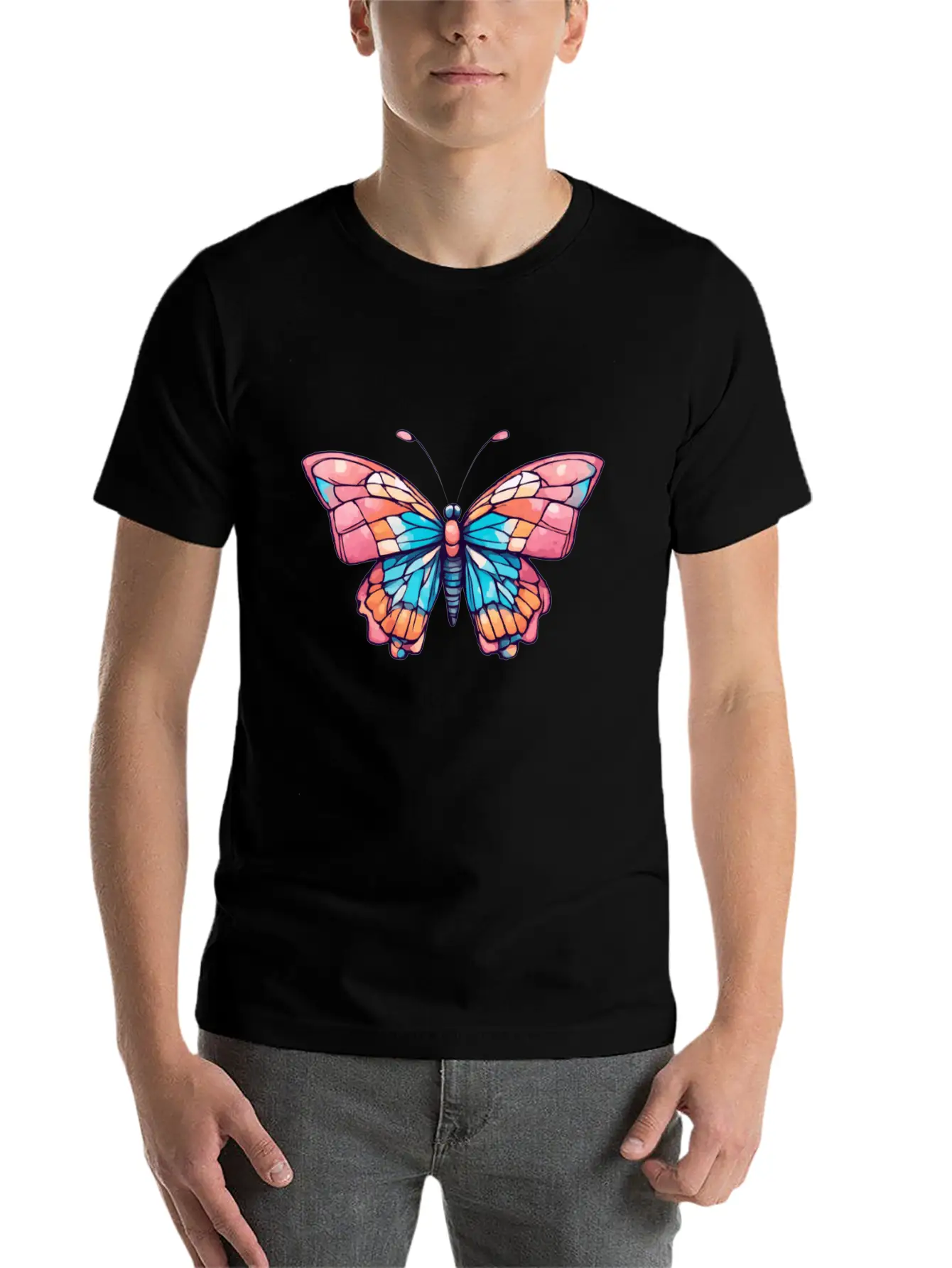 Vibrant Butterfly Mosaic Basic Graphic T-Shirt – Daily Comfort In Soft Cotton