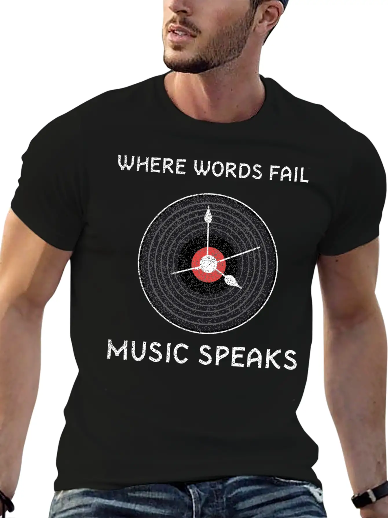 Vinyl Record Where Words Fail Music Speaks Stylish Everyday T-Shirt – Unisex Basic Cotton Tee