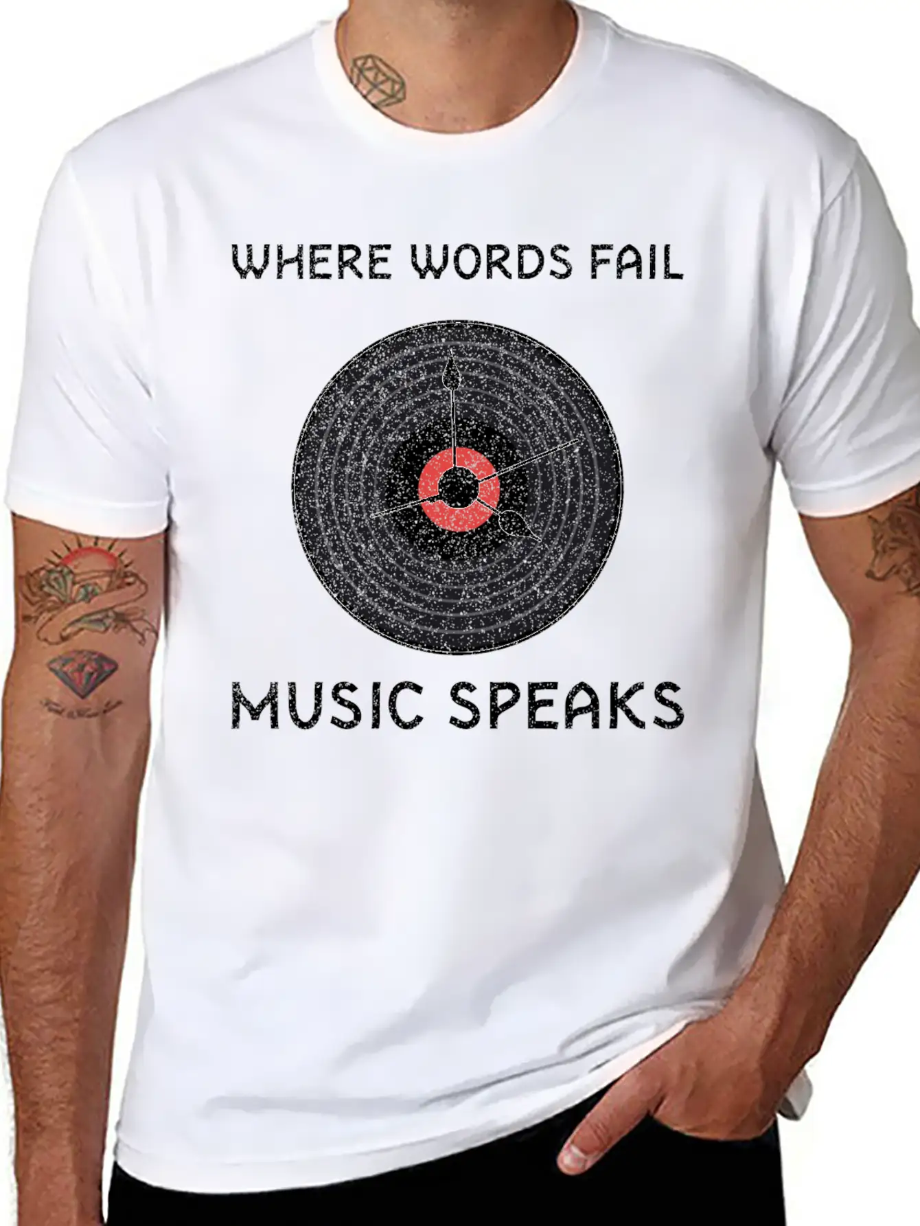 Vinyl Record Where Words Fail Music Speaks Stylish Everyday T-Shirt – Unisex Basic Cotton Tee