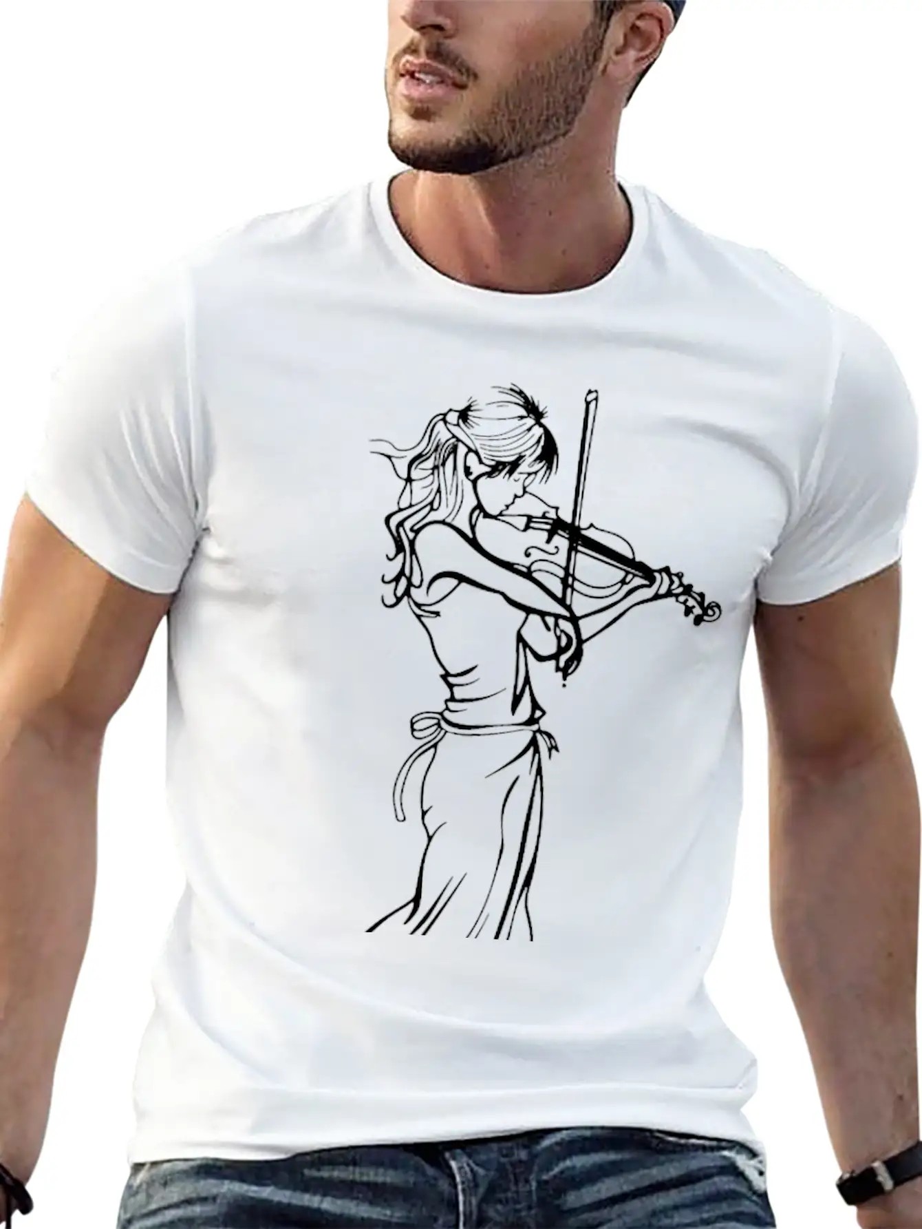 Violin Girl Sketch Simple Everyday Graphic Tee – Lightweight Summer Wear
