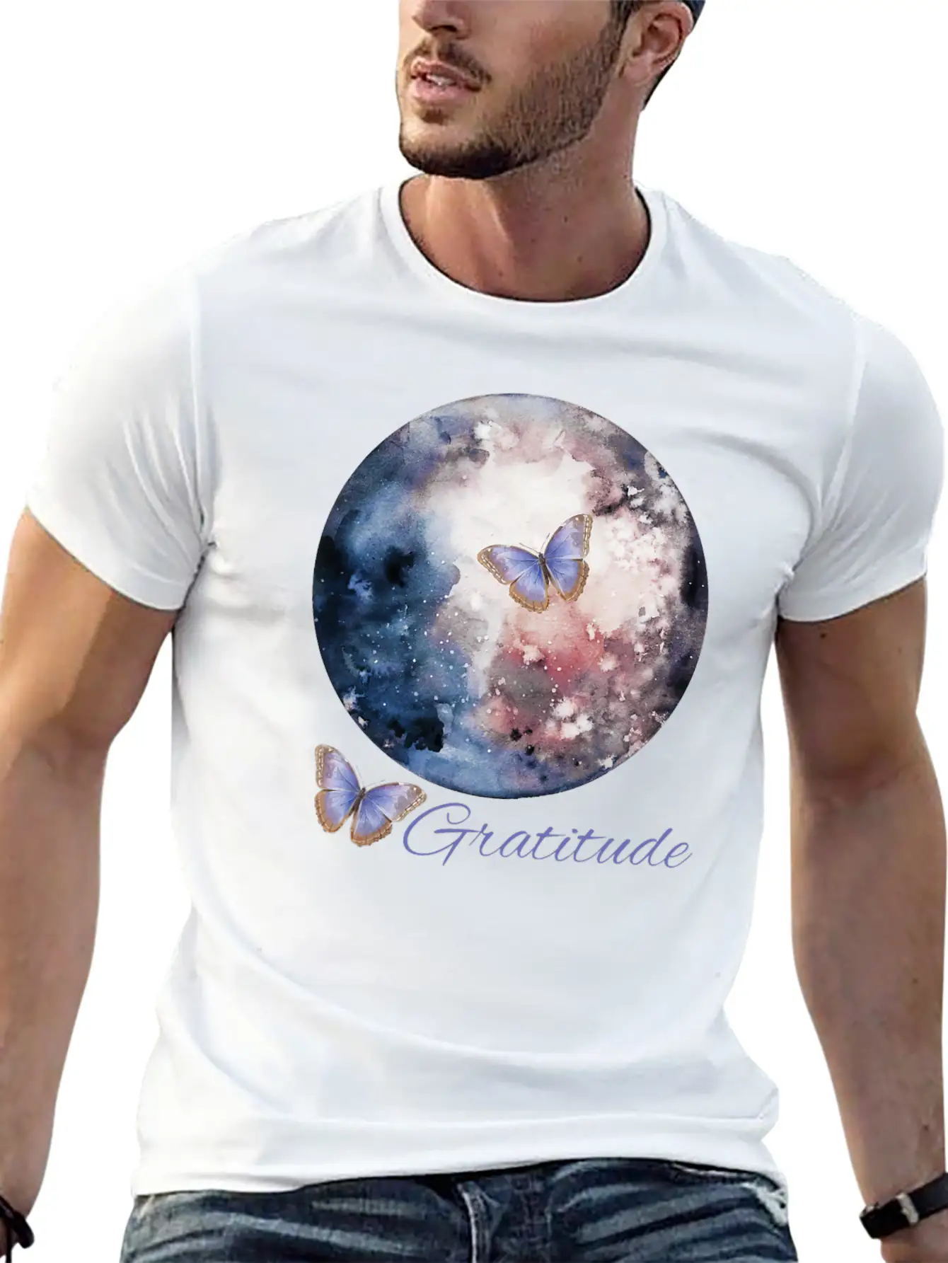 Watercolor Art Moon And Butterflies Gratitude Basic Graphic T-Shirt – Daily Comfort In Soft Cotton
