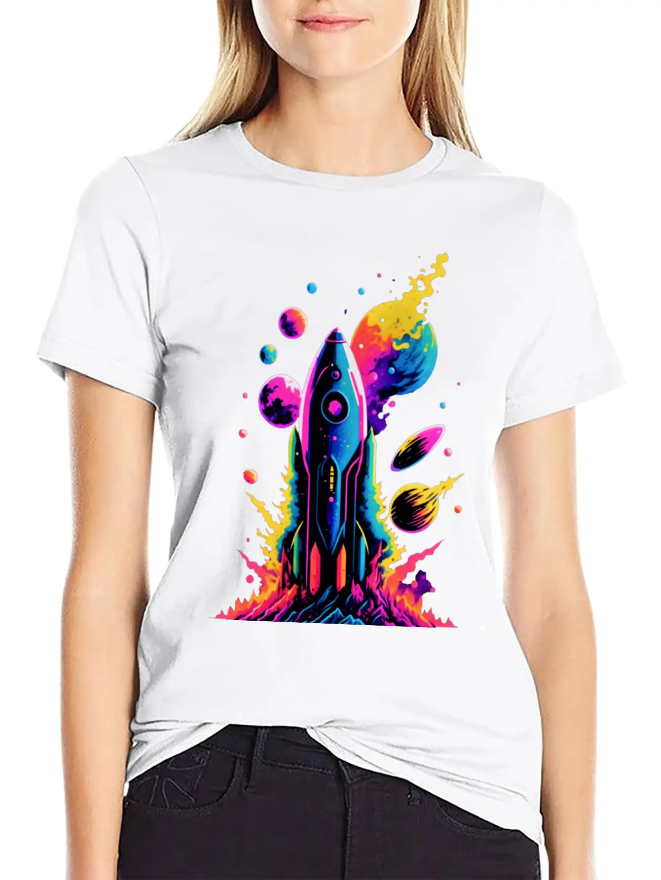 Watercolor Neon Rocket Stylish Everyday T-Shirt – Unisex Basic Cotton Tee
