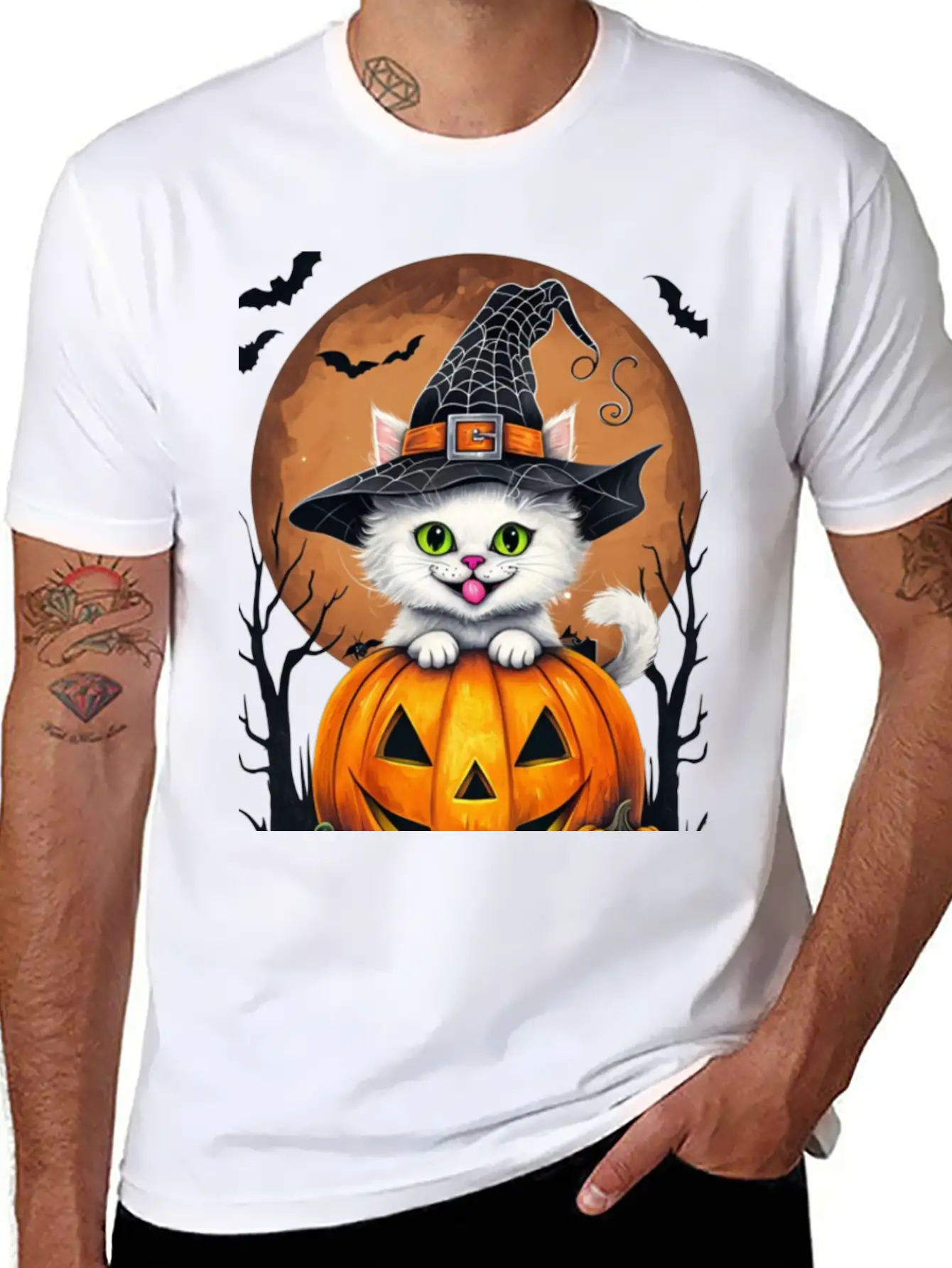 Whimsical Halloween Cat On Pumpkin Art Relaxed Everyday Tee – Lightweight And Durable Cotton
