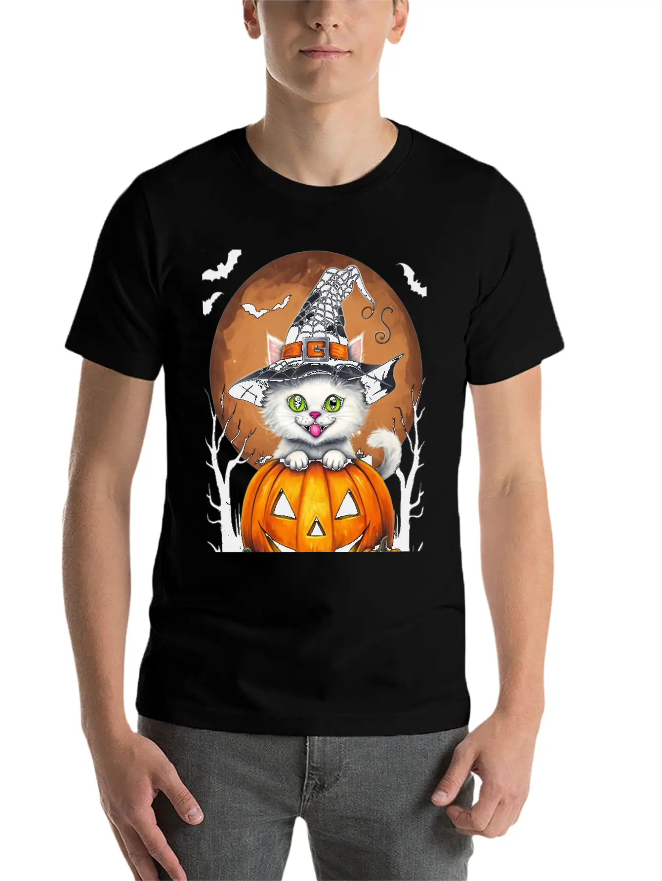 Whimsical Halloween Cat On Pumpkin Art Relaxed Everyday Tee – Lightweight And Durable Cotton