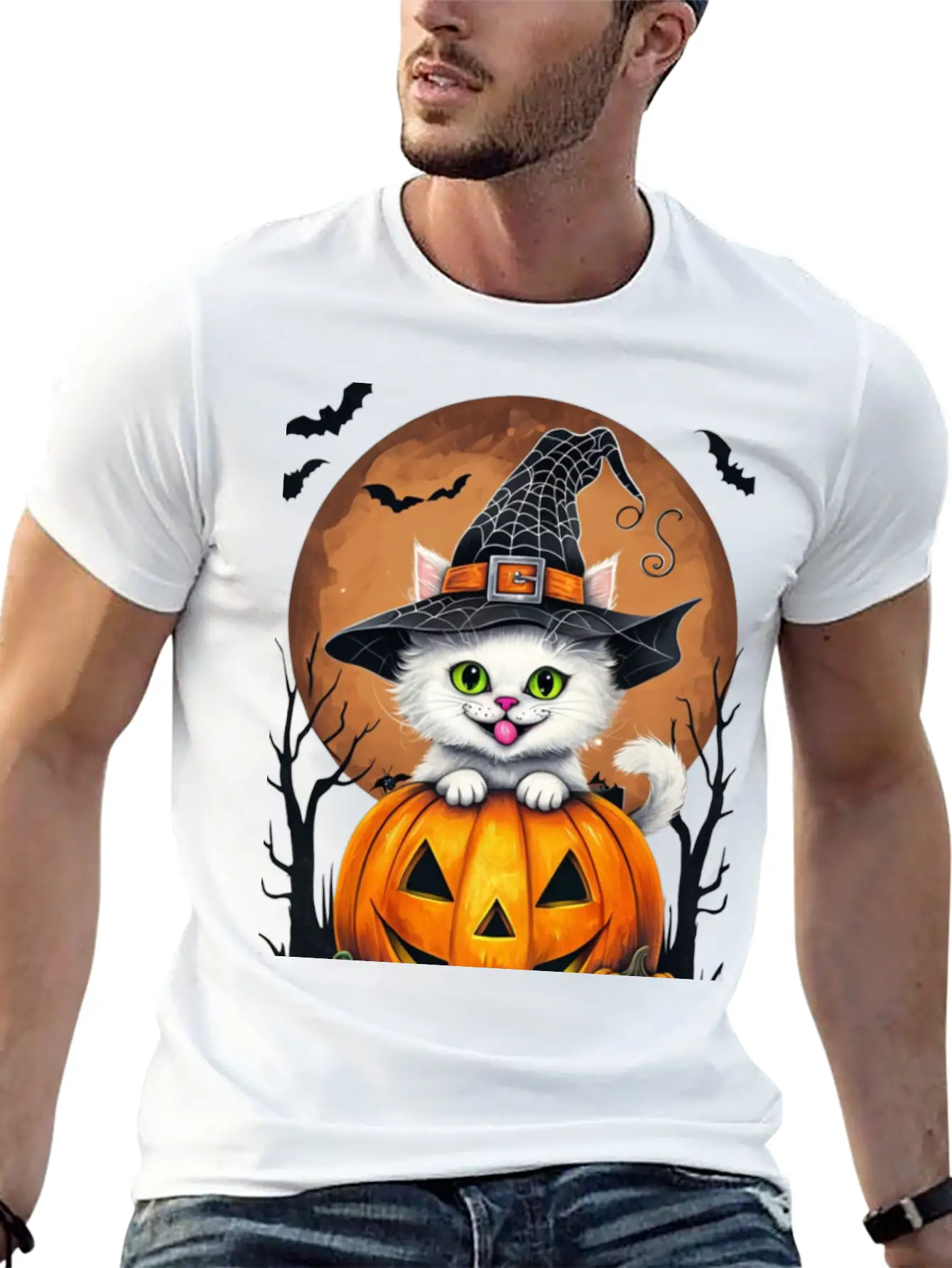 Whimsical Halloween Cat On Pumpkin Art Relaxed Everyday Tee – Lightweight And Durable Cotton