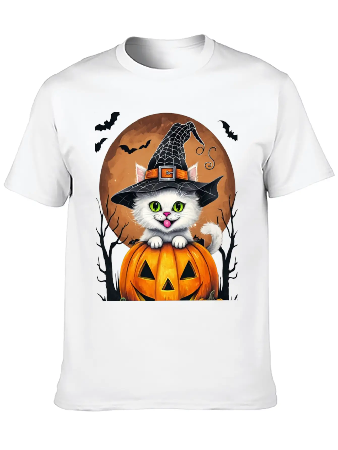 Whimsical Halloween Cat On Pumpkin Art Relaxed Everyday Tee – Lightweight And Durable Cotton