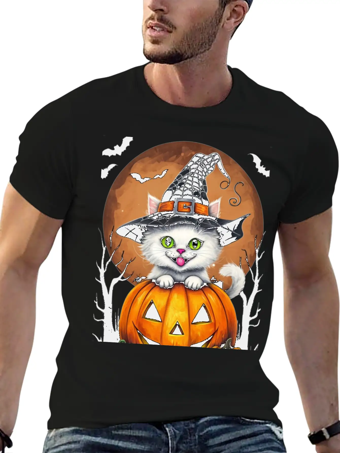 Whimsical Halloween Cat On Pumpkin Art Relaxed Everyday Tee – Lightweight And Durable Cotton