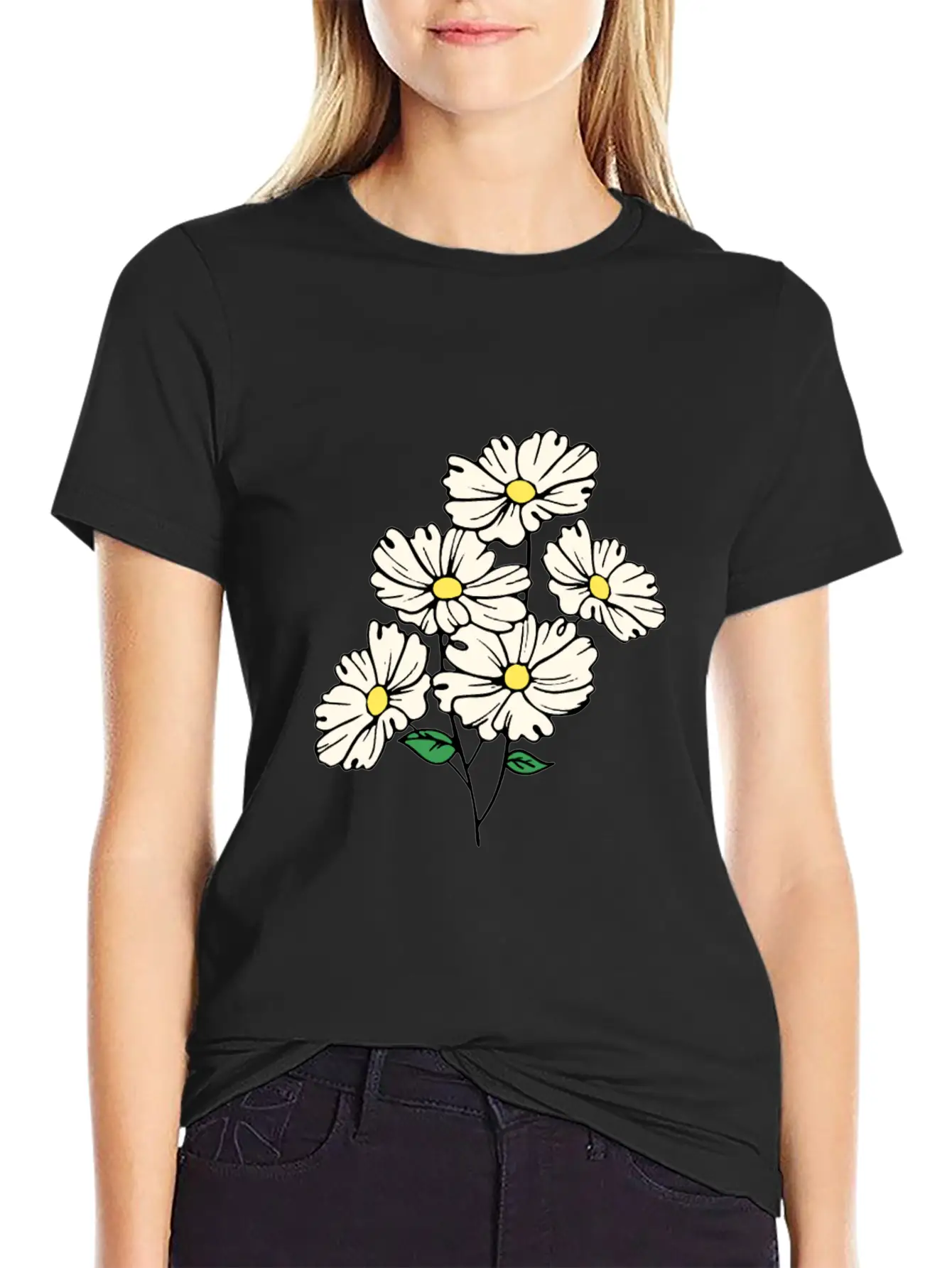 White Daisy Floral Hand Drawn Gardening Gift Stylish Everyday T-Shirt – Unisex Basic Cotton Tee