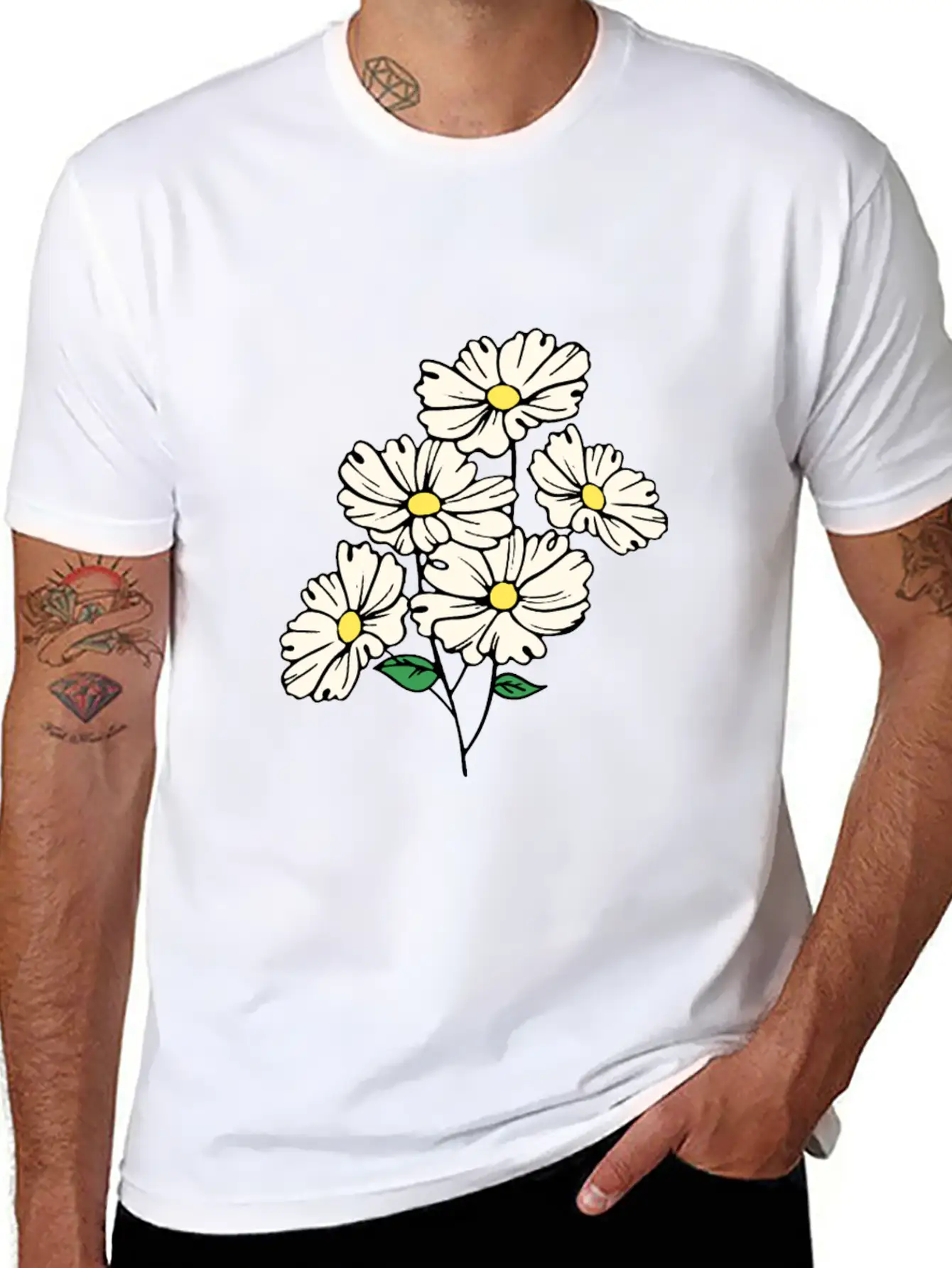 White Daisy Floral Hand Drawn Gardening Gift Stylish Everyday T-Shirt – Unisex Basic Cotton Tee