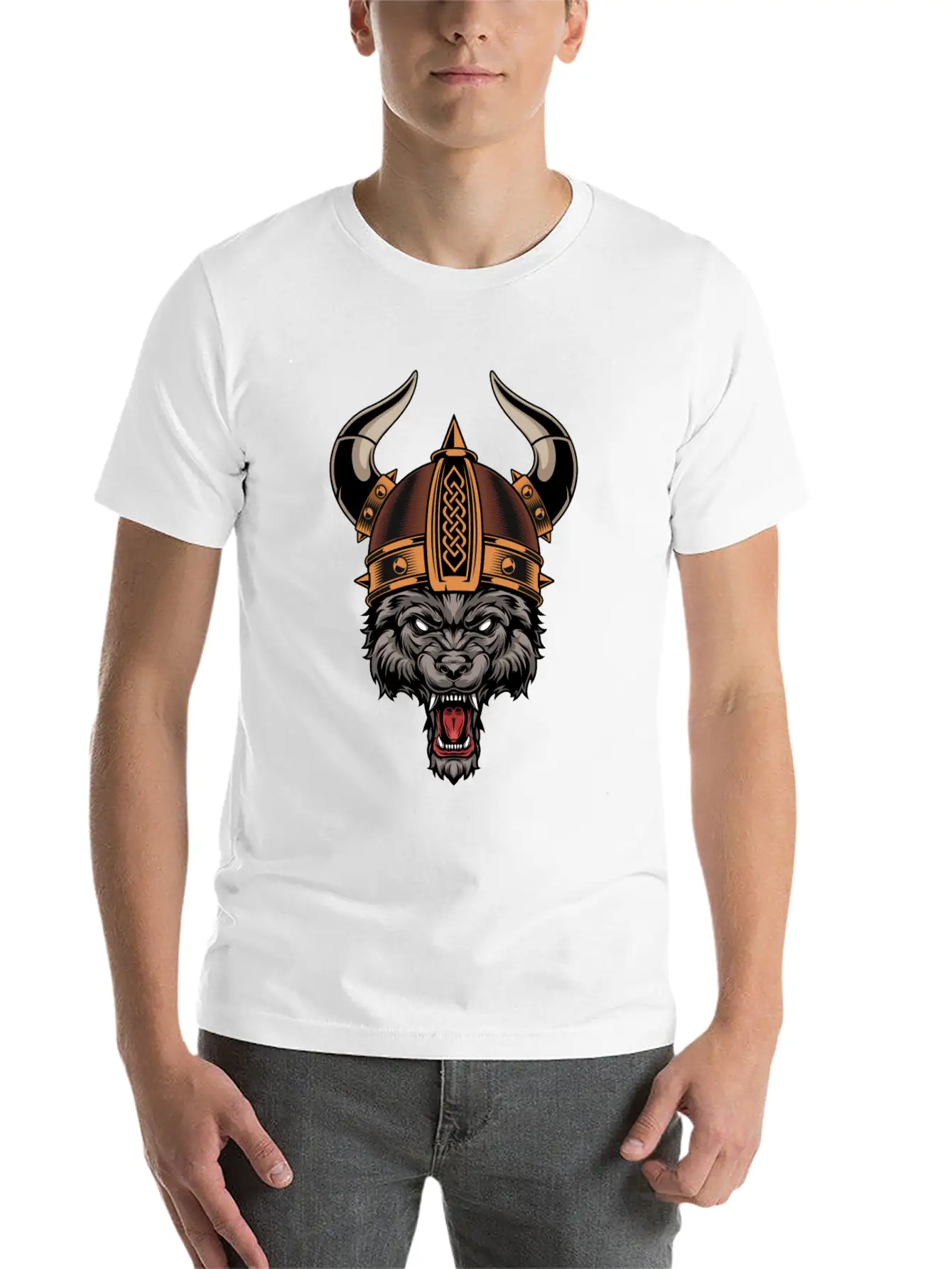 Wolf Viking Helmet Norse Mythology Grey Wolf Basic Graphic T-Shirt – Daily Comfort In Soft Cotton