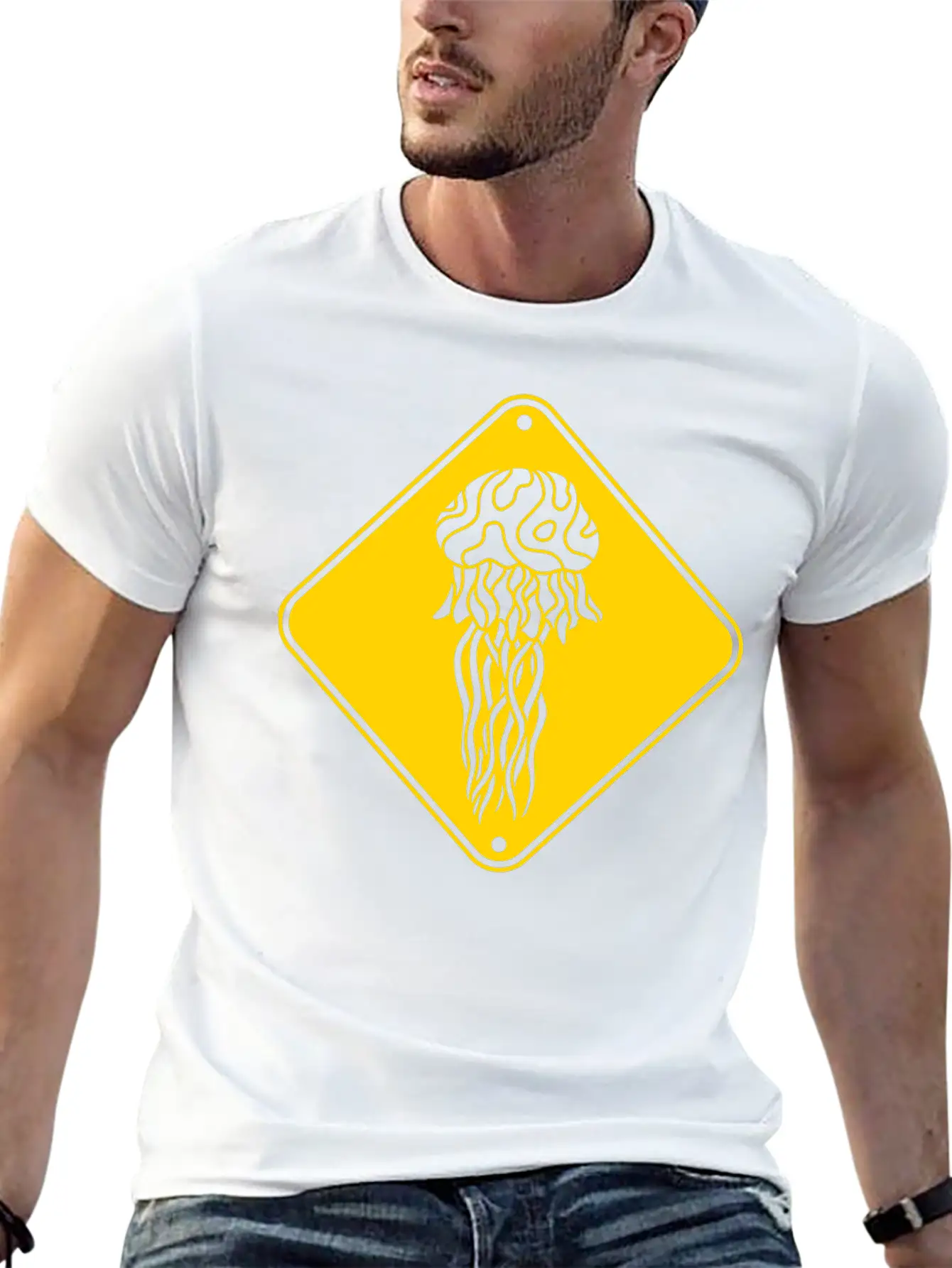 Yellow Caution Danger Caution Sign Shield Jellyfis Stylish Everyday T-Shirt – Unisex Basic Cotton Tee
